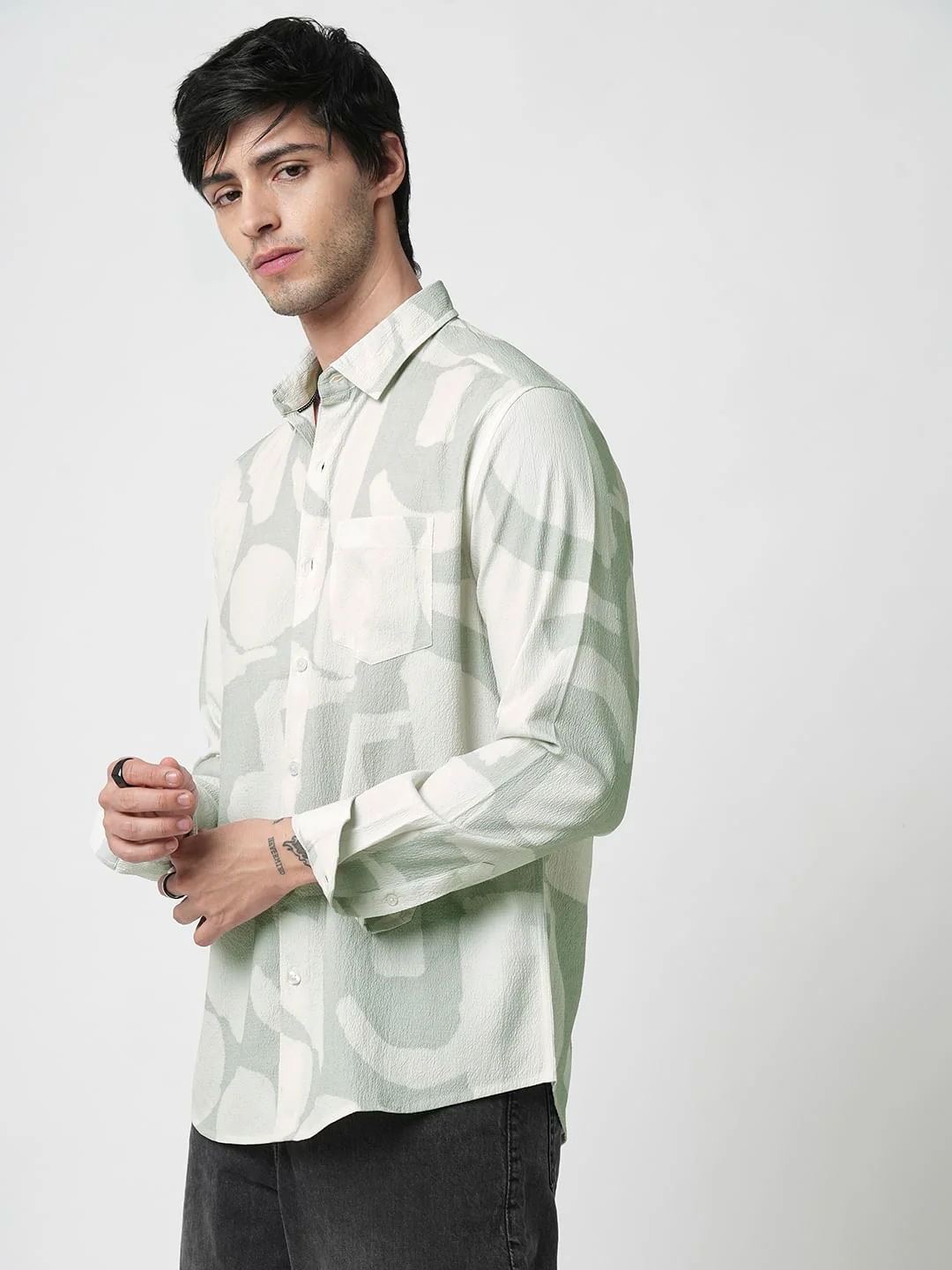 Pastel Mint Abstract Printed Crushed Shirt - Image 5