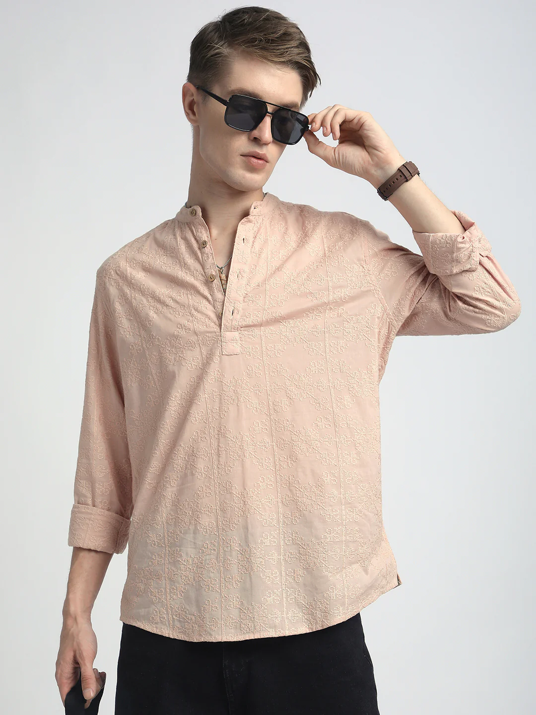 Pastel Peach Blossom Embroidery Kurta - Image 2