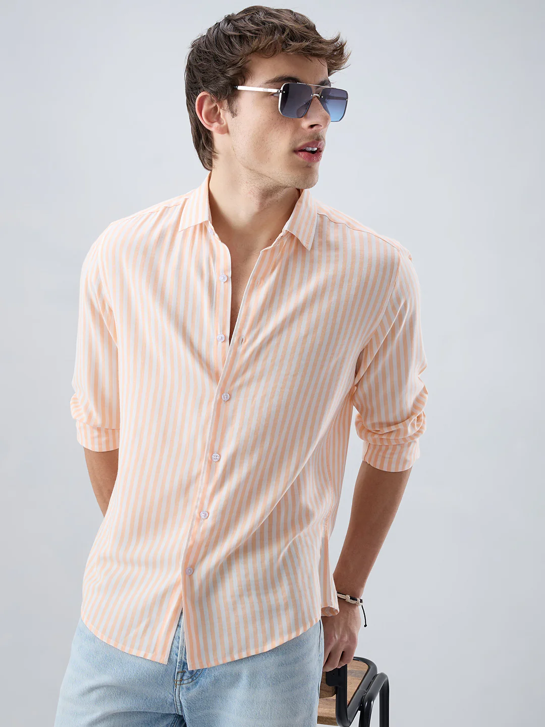 Pastel Peach Soft Candy Striped Vacation Shirt - Image 2