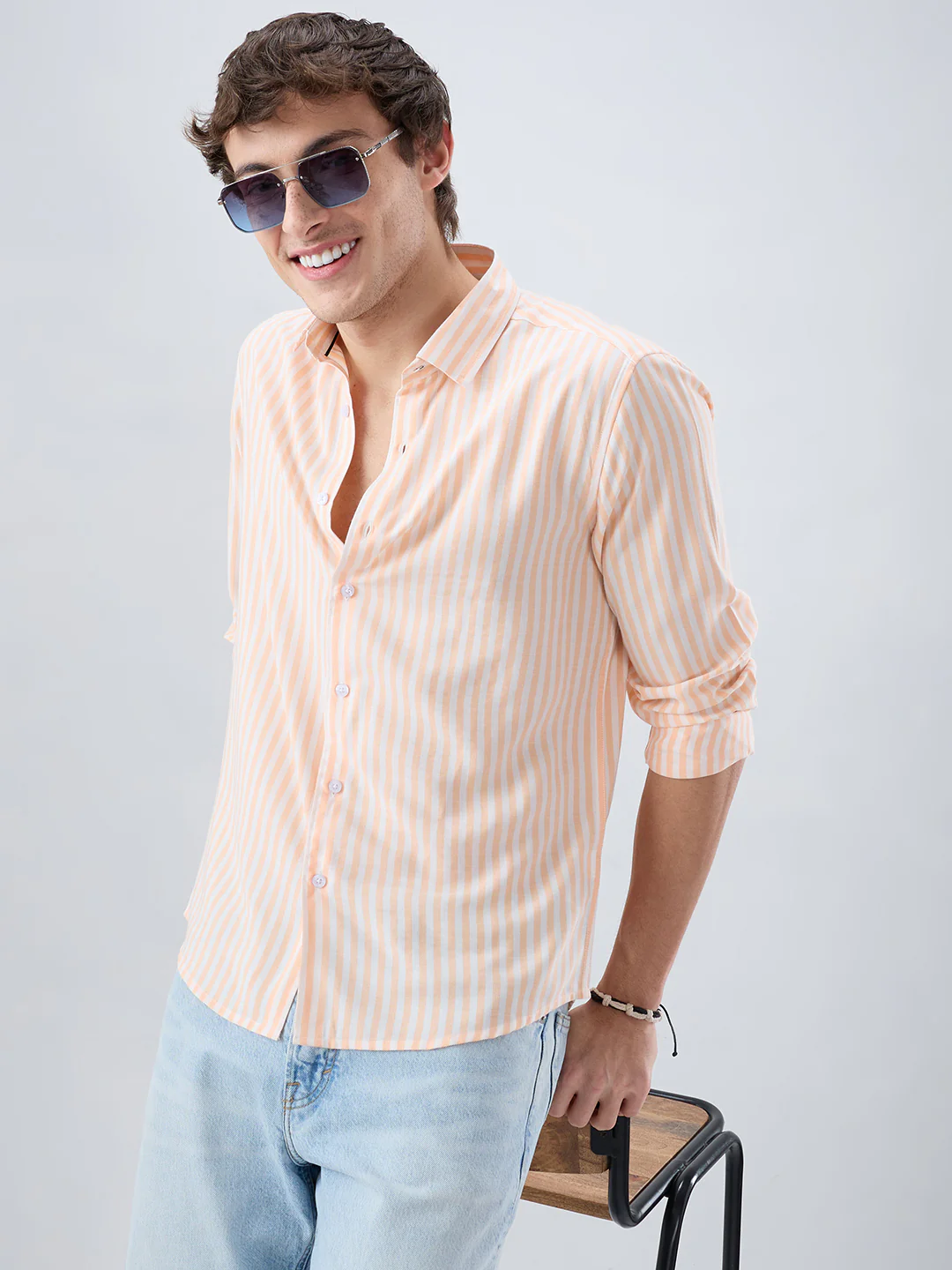 Pastel Peach Soft Candy Striped Vacation Shirt - Image 4