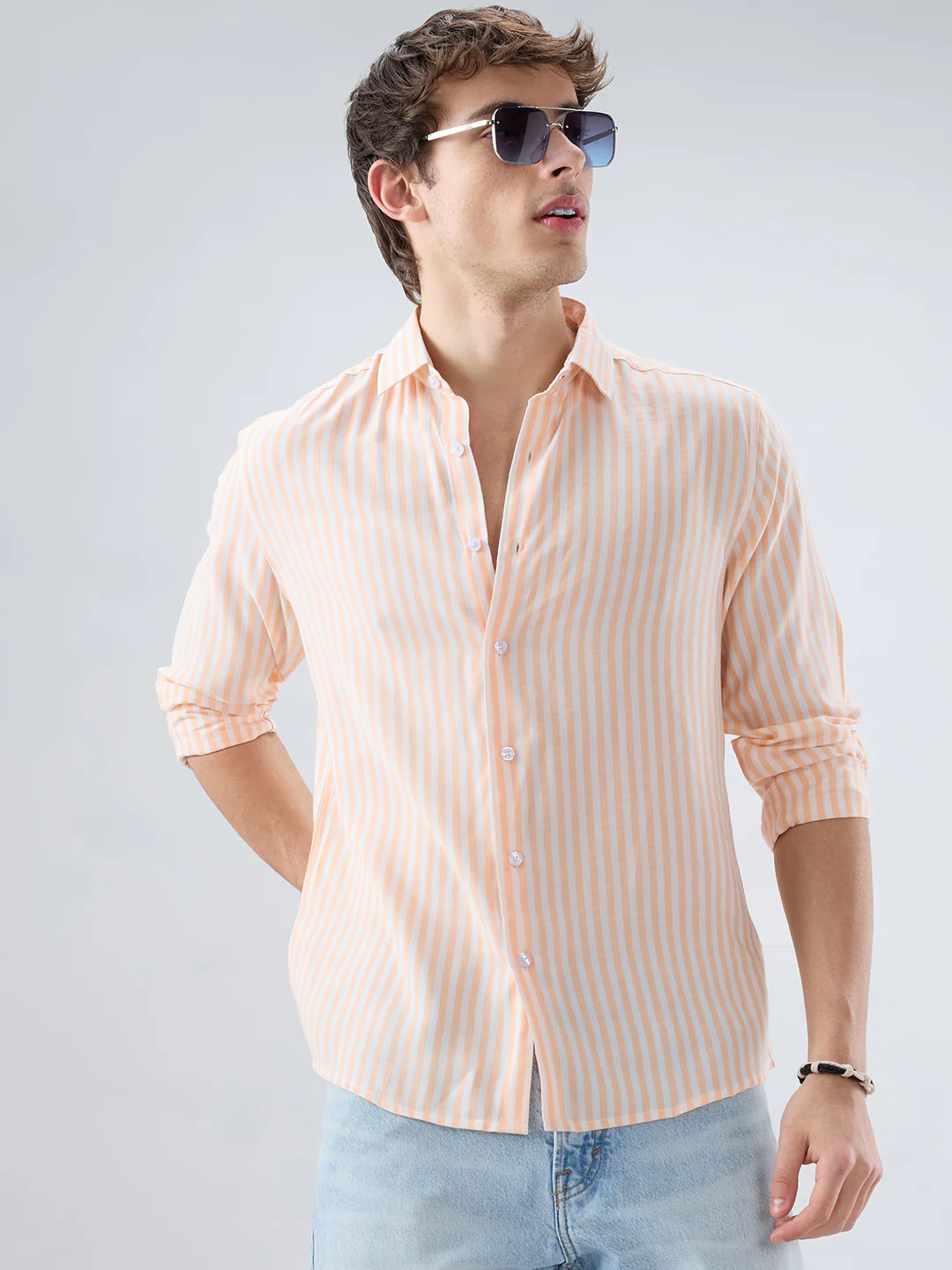 Pastel Peach Soft Candy Striped Vacation Shirt - Image 5
