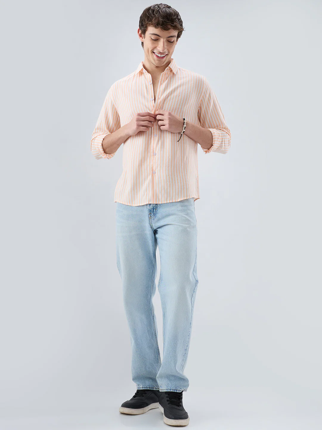 Pastel Peach Soft Candy Striped Vacation Shirt - Image 7