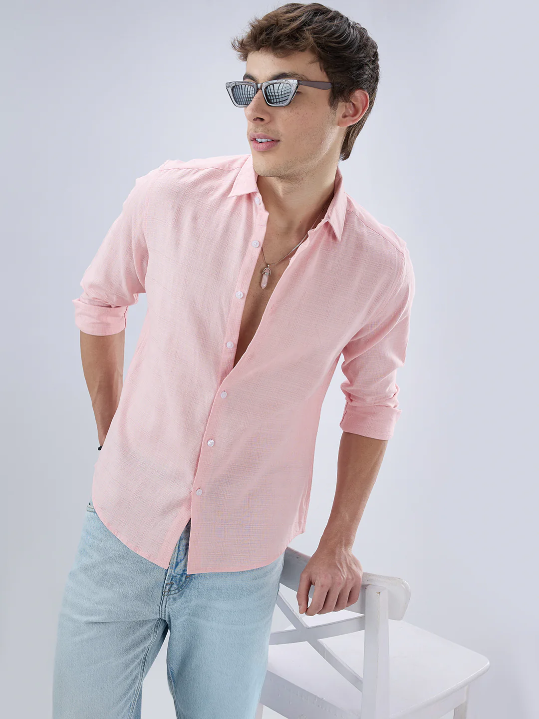 Pastel Pink Textured Weave Shirt - Image 4