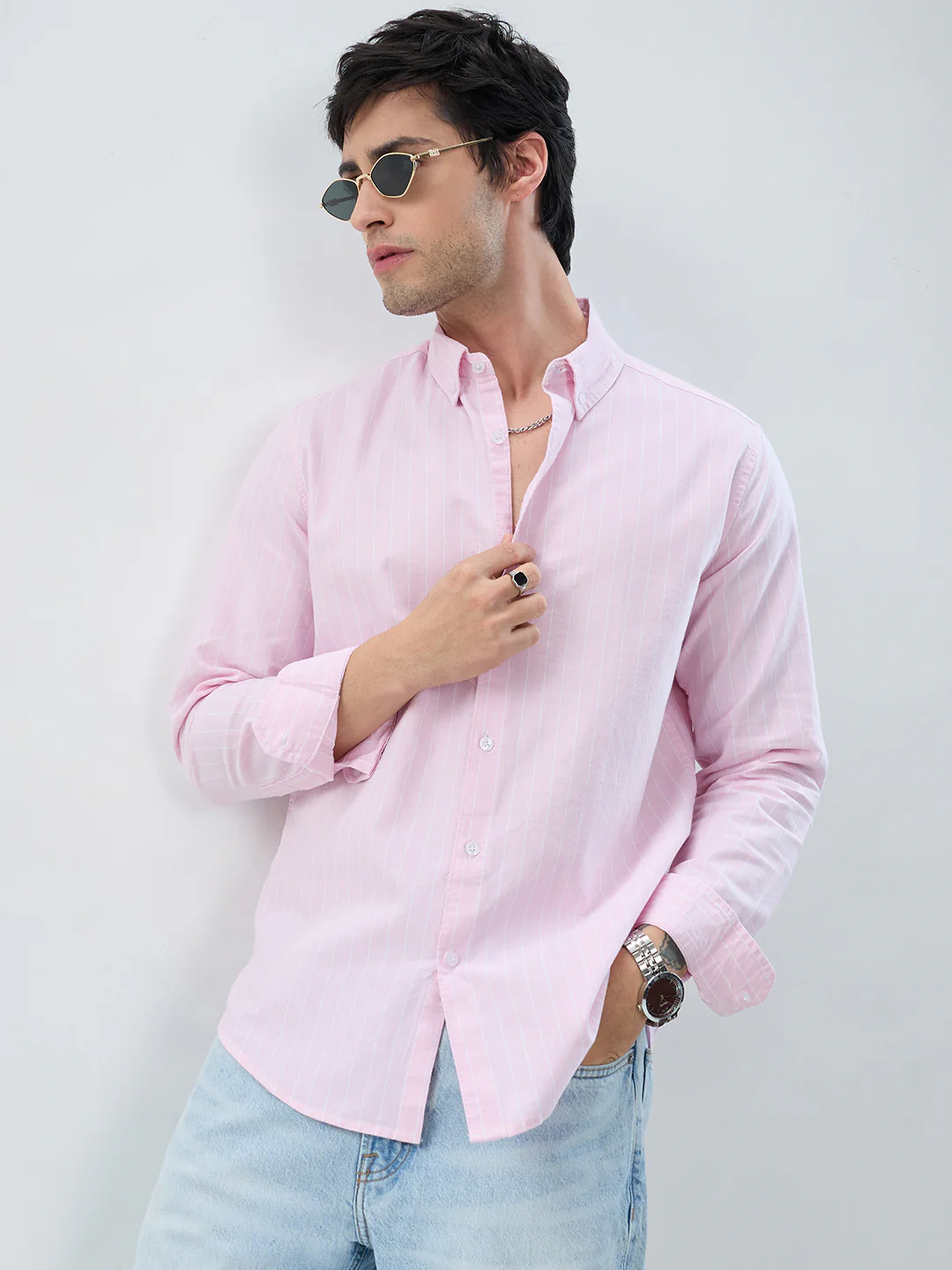 Pastel Pink Refined Pinstripe Oxford Button-Down Business Shirt - Image 2