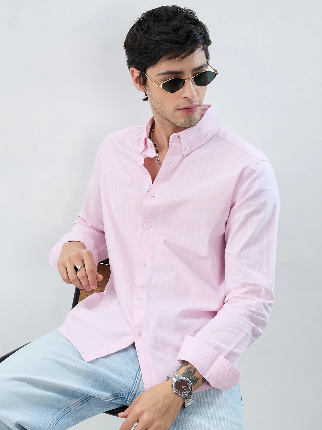 Pastel Pink Refined Pinstripe Oxford Button-Down Business Shirt - Image 4