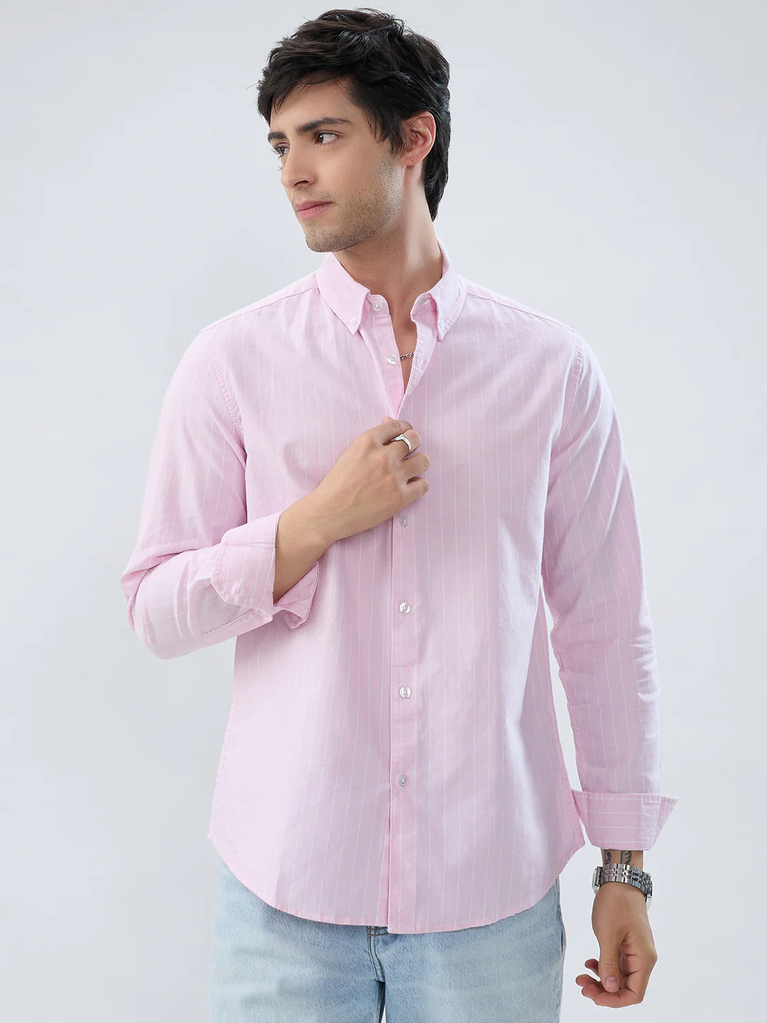 Pastel Pink Refined Pinstripe Oxford Button-Down Business Shirt - Image 5