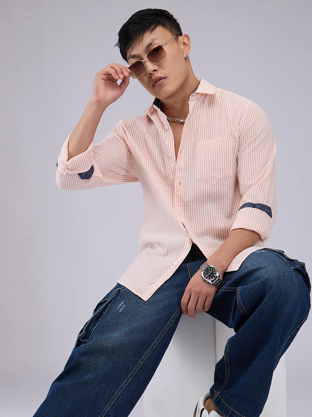 Peach & White Candy Striped Seersucker Shirt
