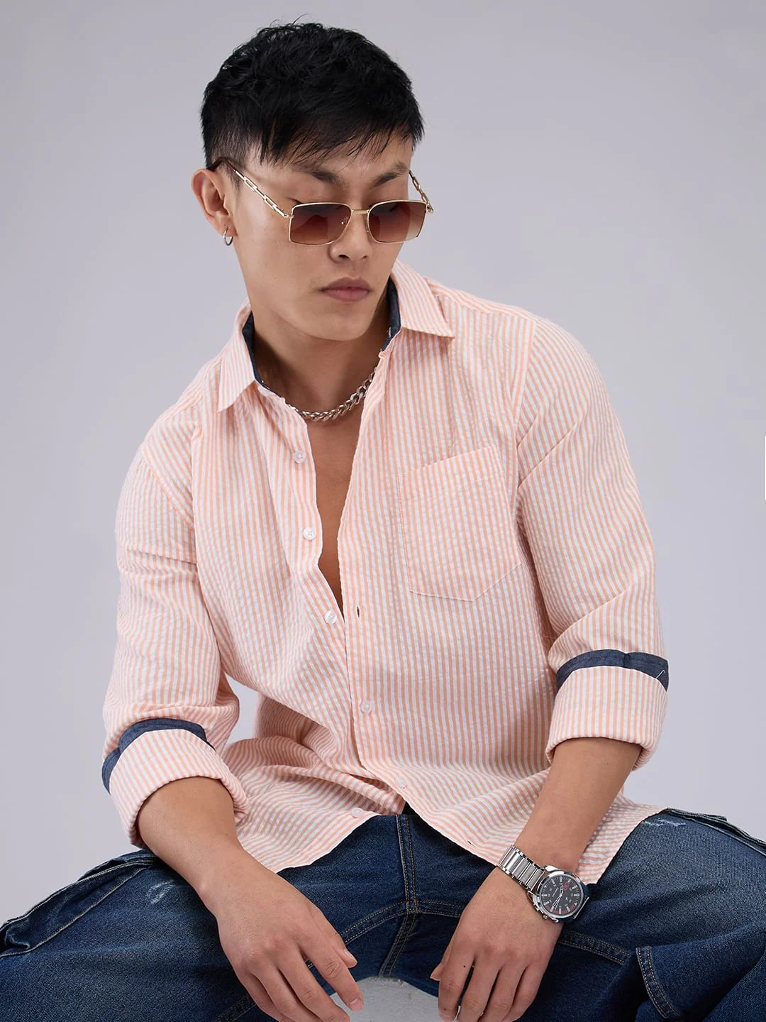 Peach & White Candy Striped Seersucker Shirt - Image 3