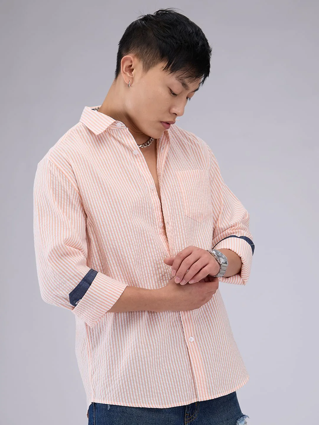 Peach & White Candy Striped Seersucker Shirt - Image 4