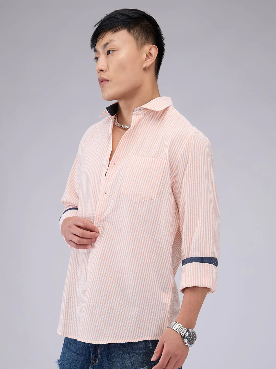 Peach & White Candy Striped Seersucker Shirt - Image 5