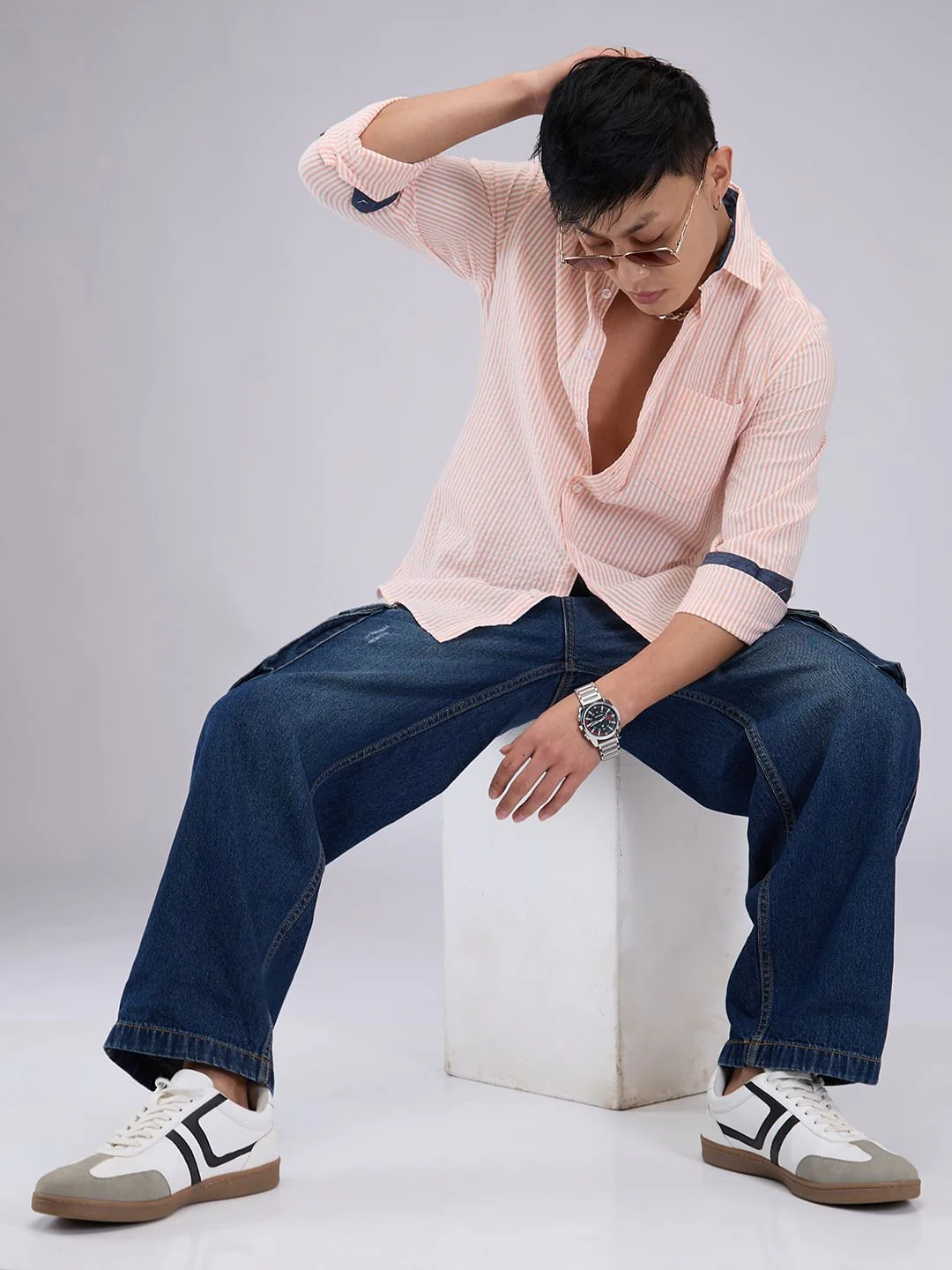 Peach & White Candy Striped Seersucker Shirt - Image 7