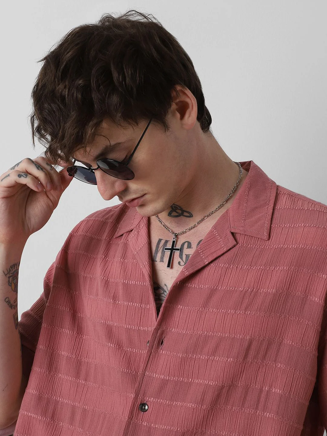 Peach Blossom Dobby Striped Notch Collar Oversized Shirt - Image 2