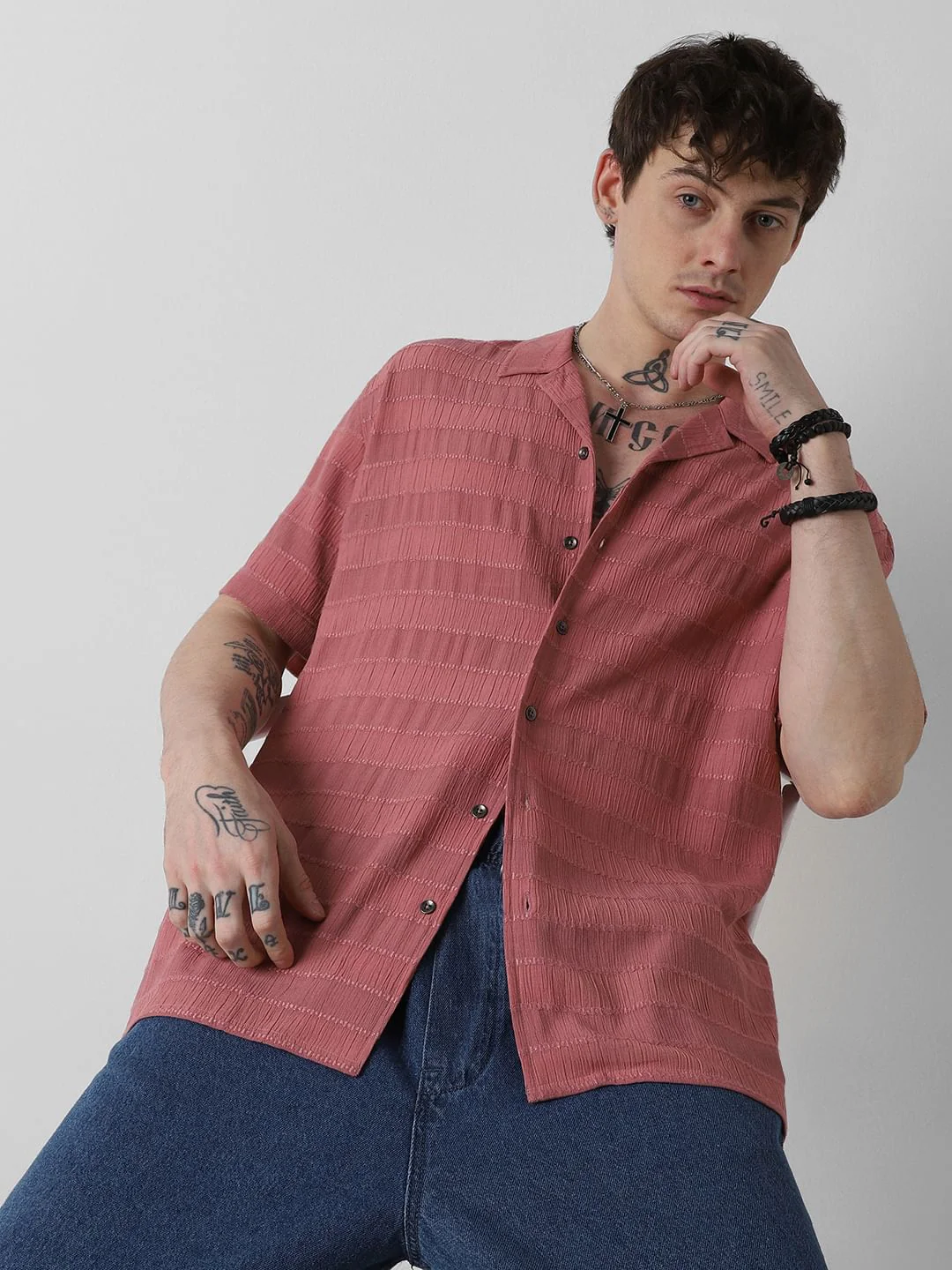 Peach Blossom Dobby Striped Notch Collar Oversized Shirt - Image 4