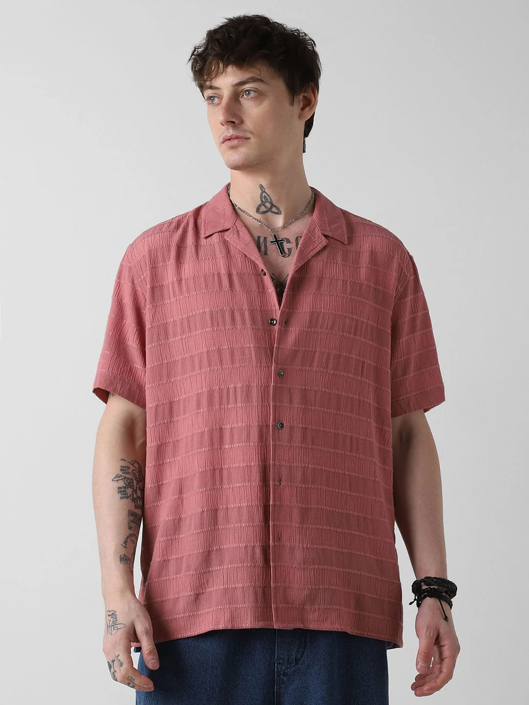 Peach Blossom Dobby Striped Notch Collar Oversized Shirt - Image 5