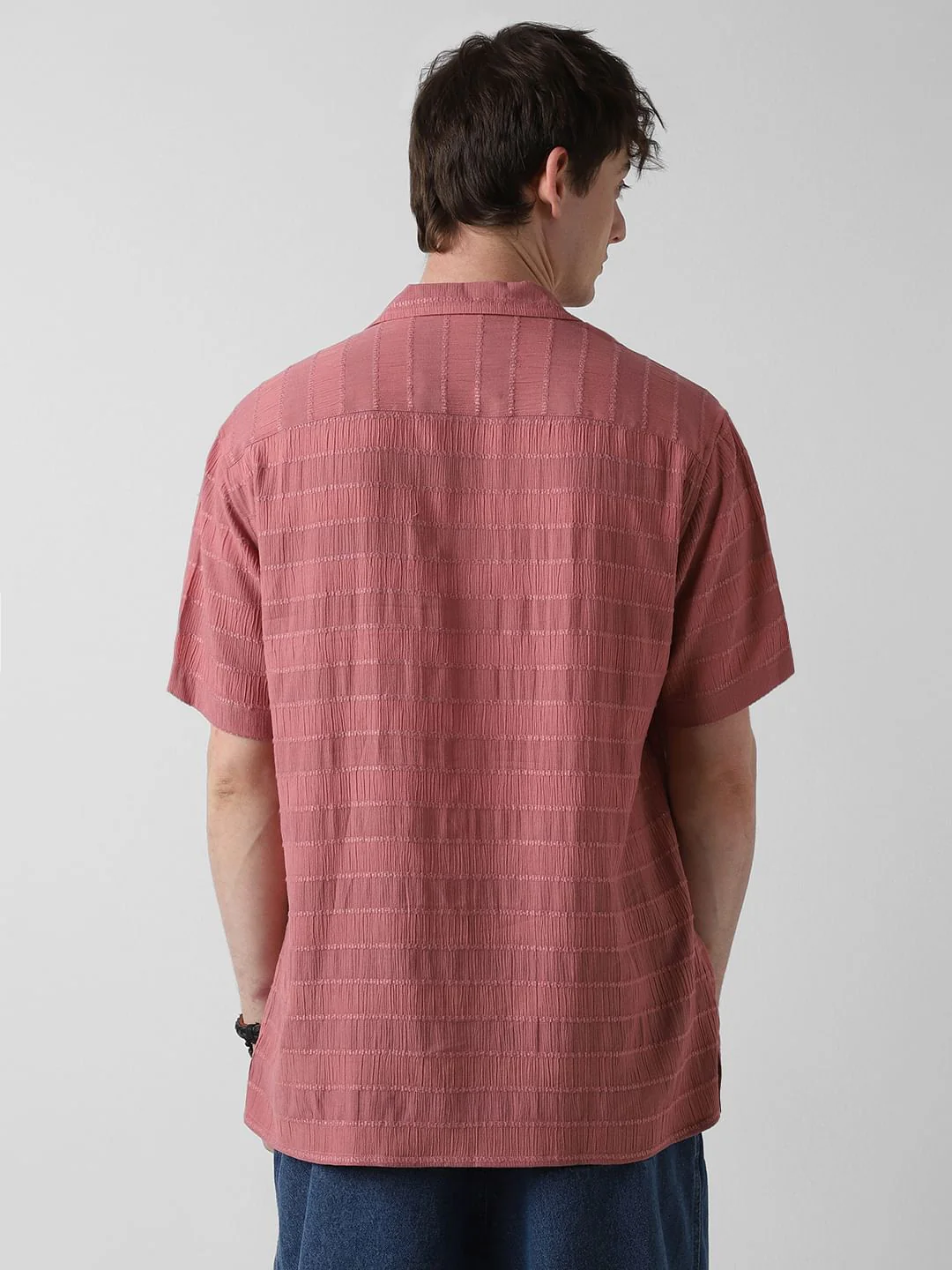Peach Blossom Dobby Striped Notch Collar Oversized Shirt - Image 7
