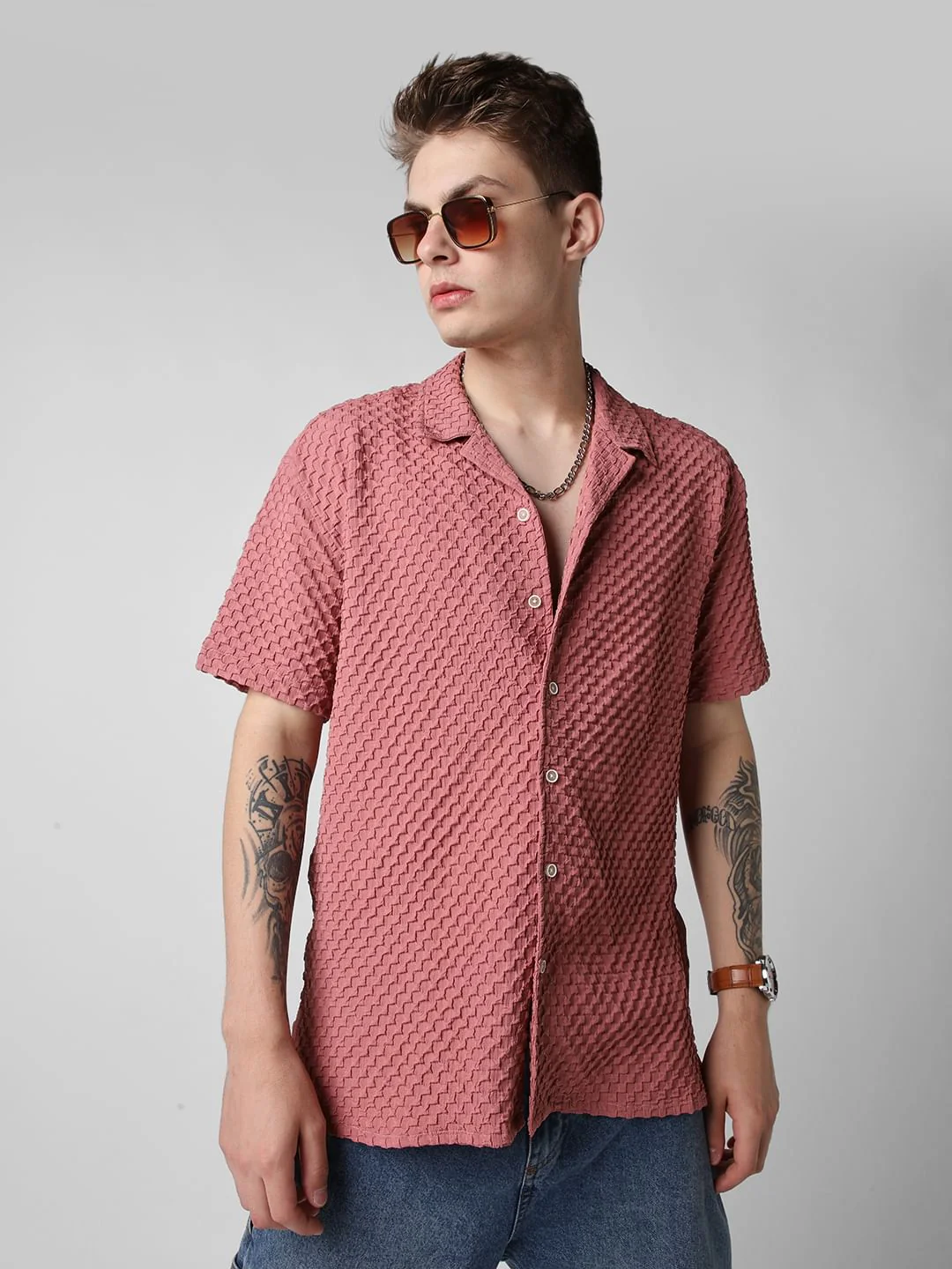 Peach Blossom Embossed Patterned Oversized Shirt - Image 4