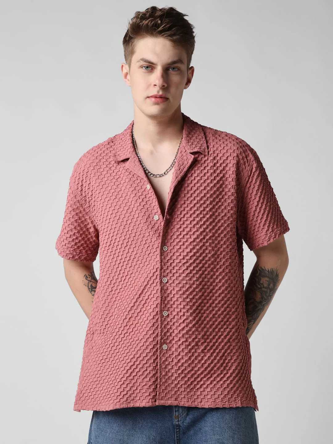 Peach Blossom Embossed Patterned Oversized Shirt - Image 5