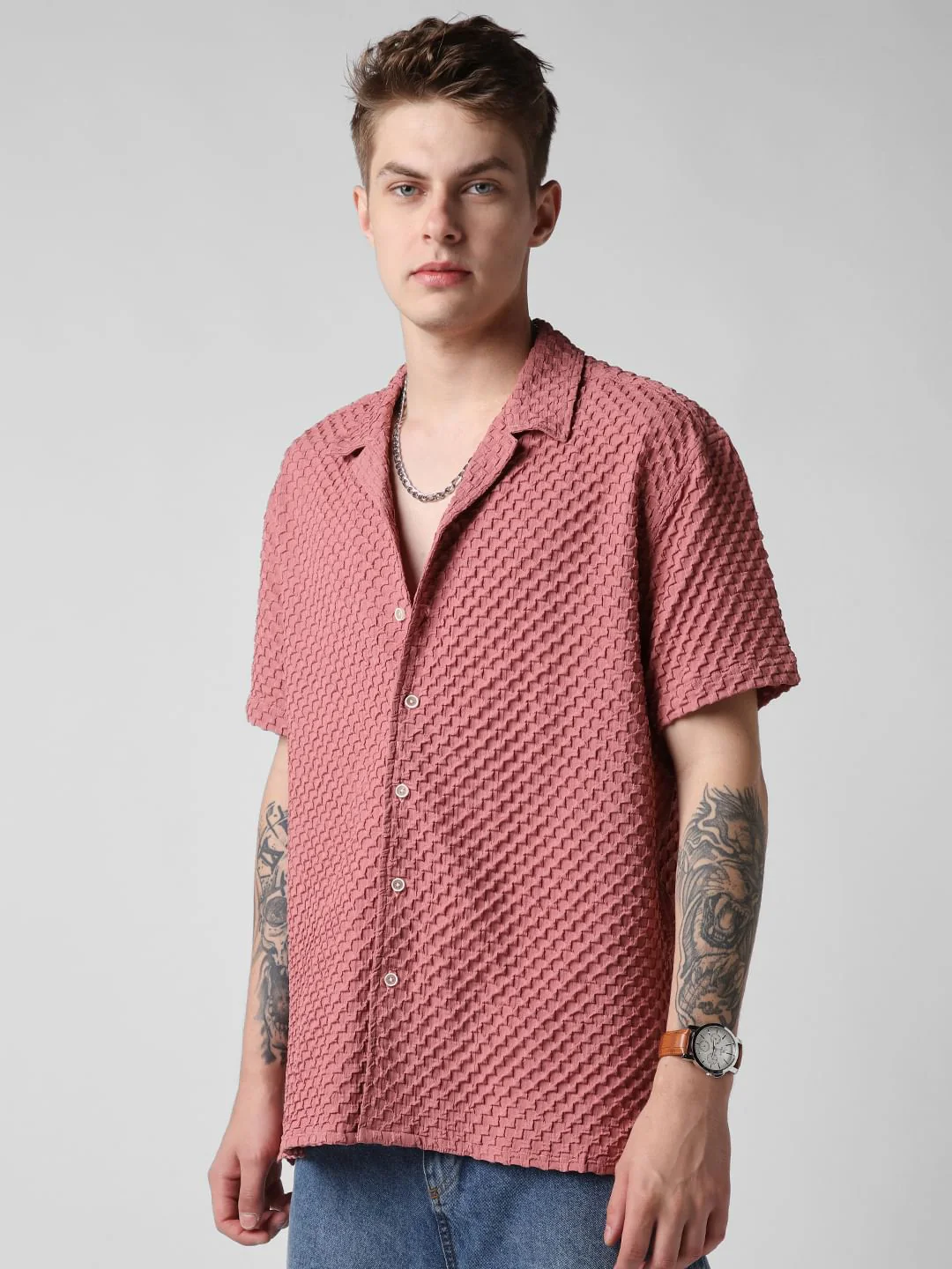 Peach Blossom Embossed Patterned Oversized Shirt - Image 6