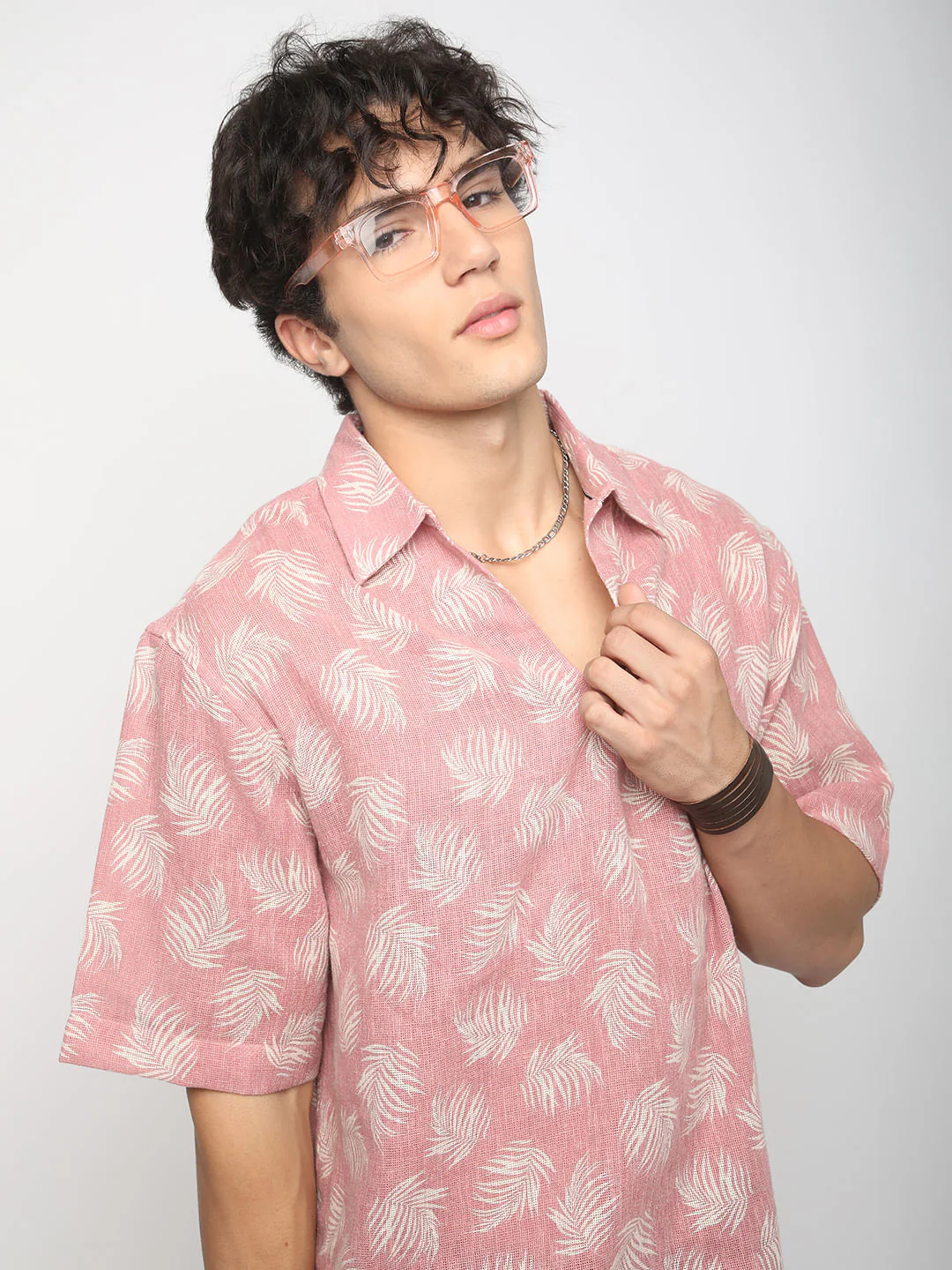 Peachy Pink Coco Leaf Printed Burlap Oversized Polo Shirt - Image 4