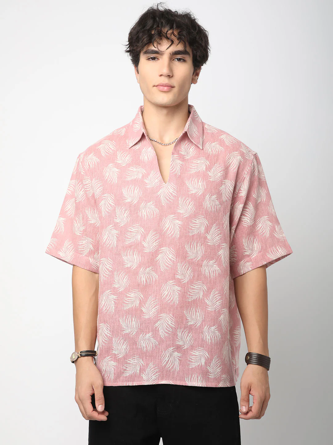 Peachy Pink Coco Leaf Printed Burlap Oversized Polo Shirt - Image 5