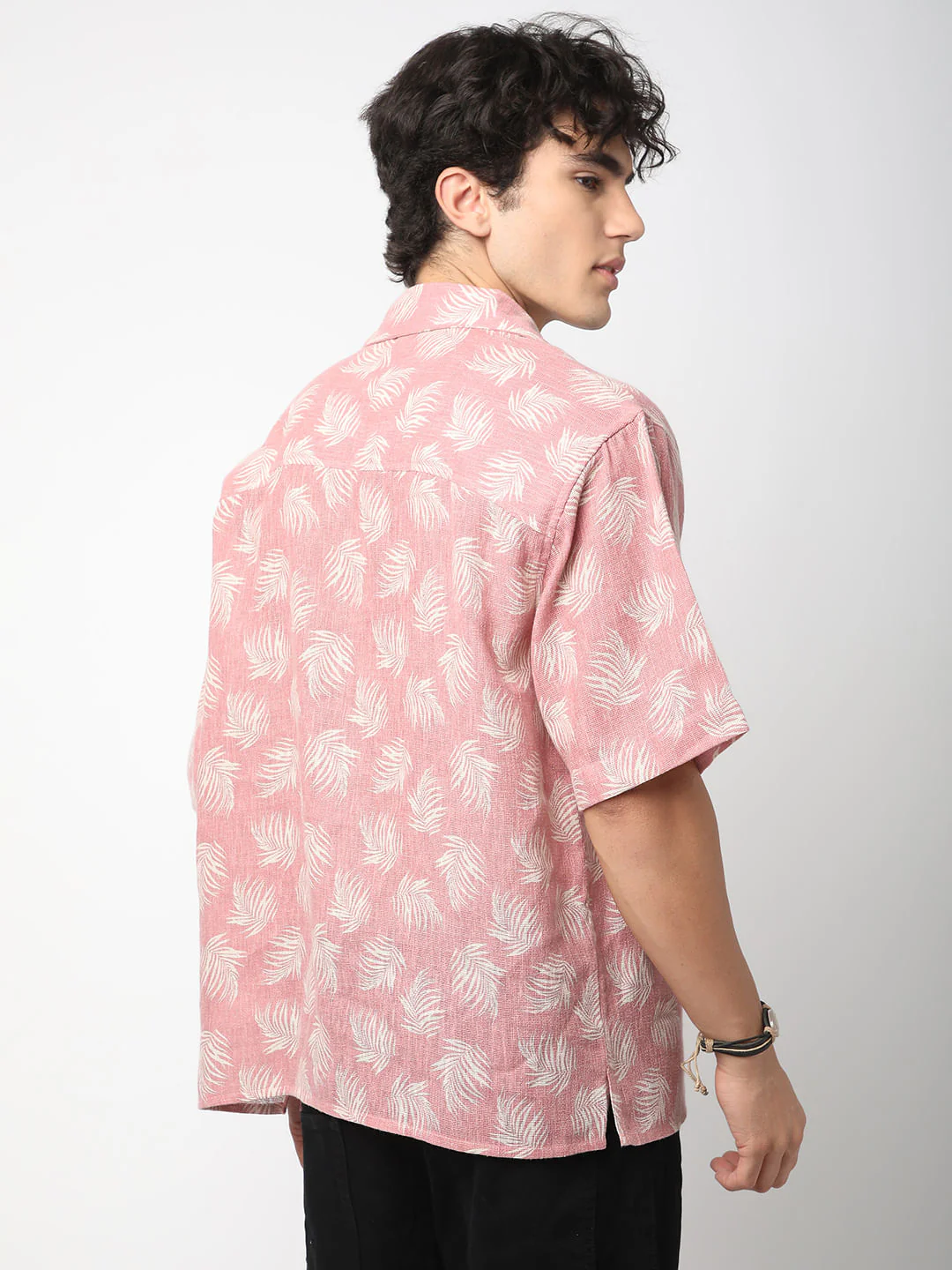 Peachy Pink Coco Leaf Printed Burlap Oversized Polo Shirt - Image 7