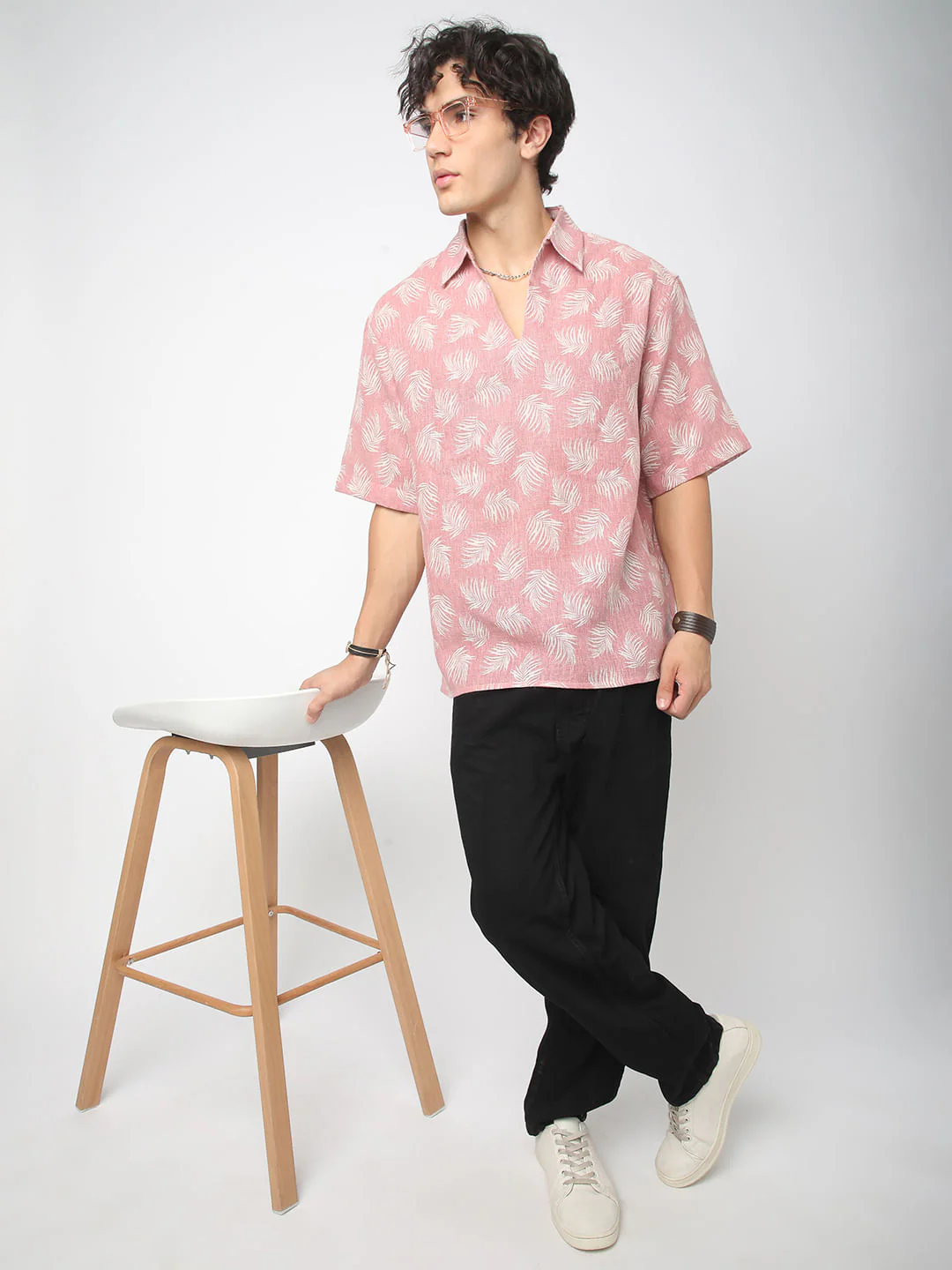 Peachy Pink Coco Leaf Printed Burlap Oversized Polo Shirt - Image 8