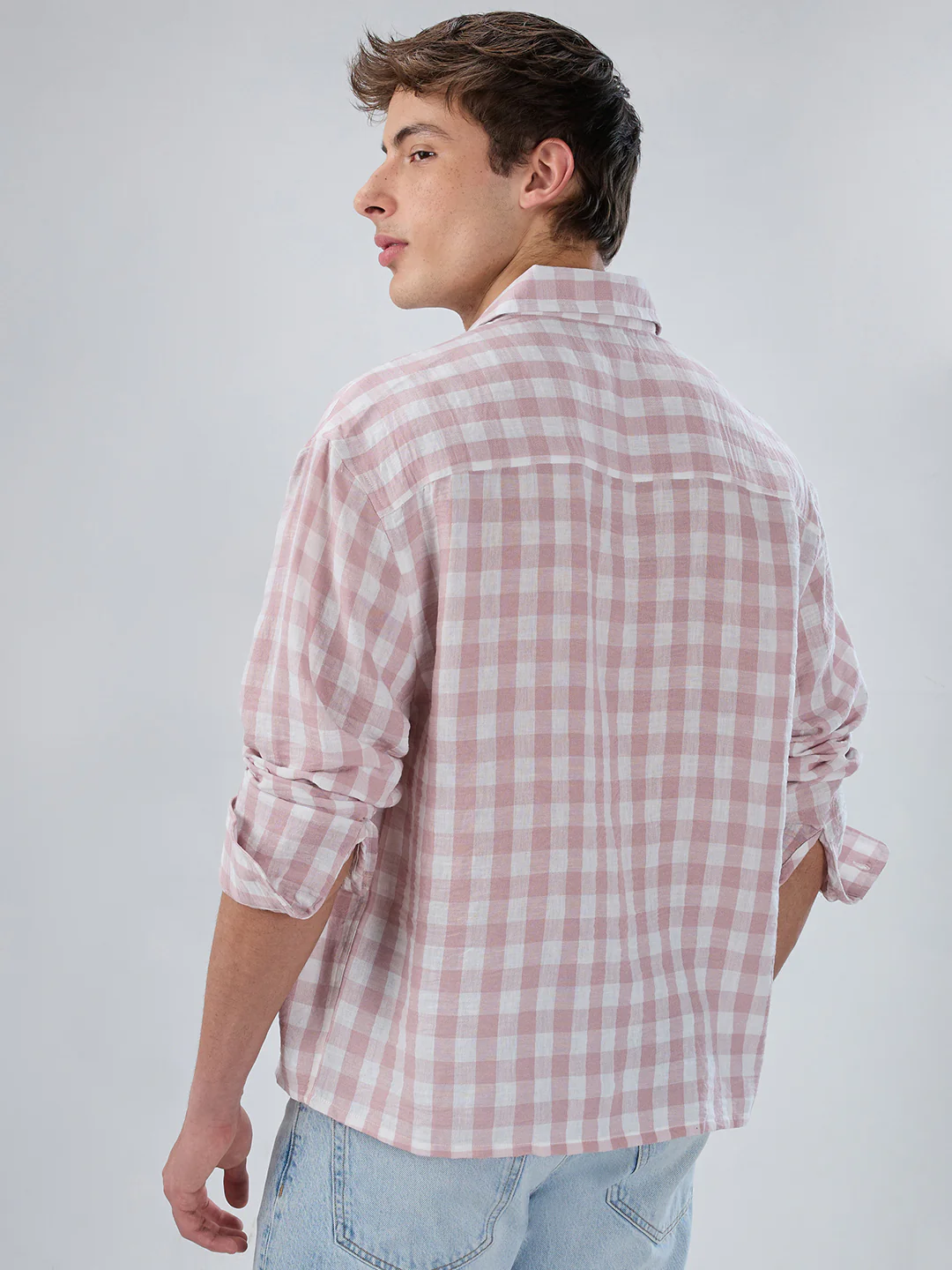 Peachy Pink Gingham Checks Boxy Fit Crop Shirt - Image 6