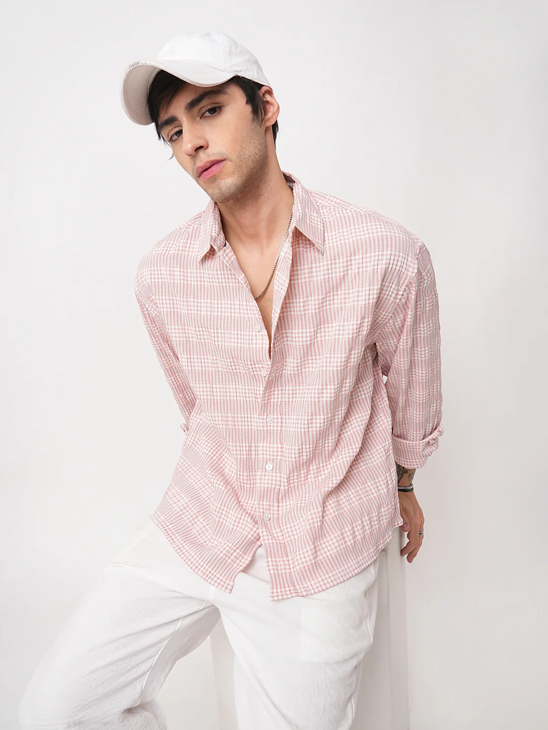 Peachy Pink Seersucker Checks Boxy Fit Crop Shirt - Image 2