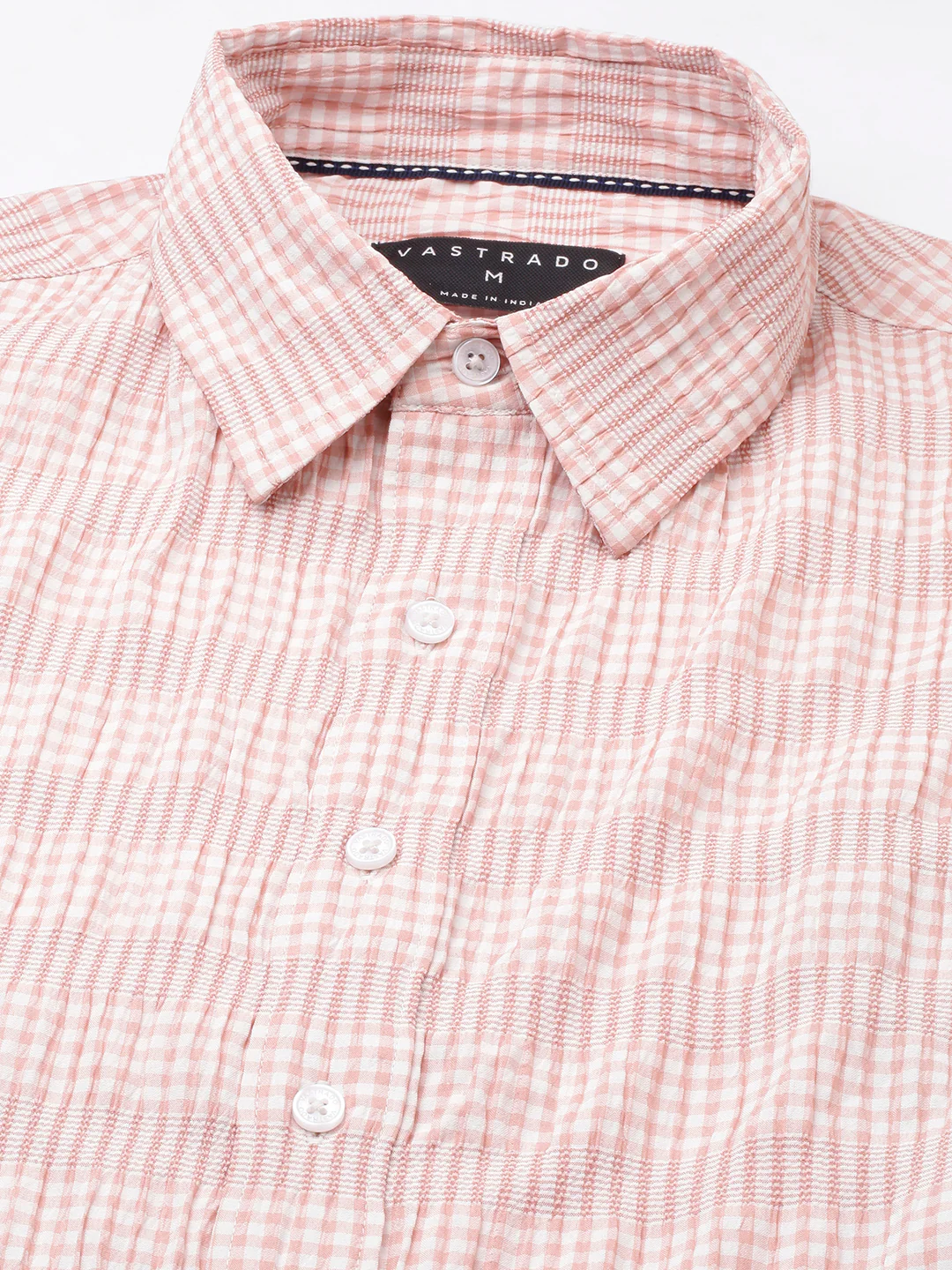 Peachy Pink Seersucker Checks Boxy Fit Crop Shirt - Image 3