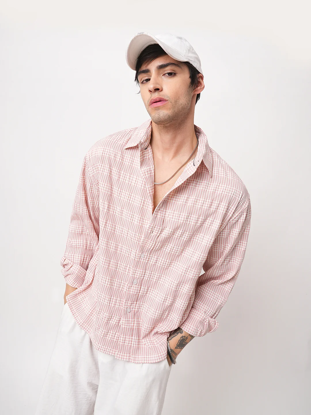 Peachy Pink Seersucker Checks Boxy Fit Crop Shirt - Image 4