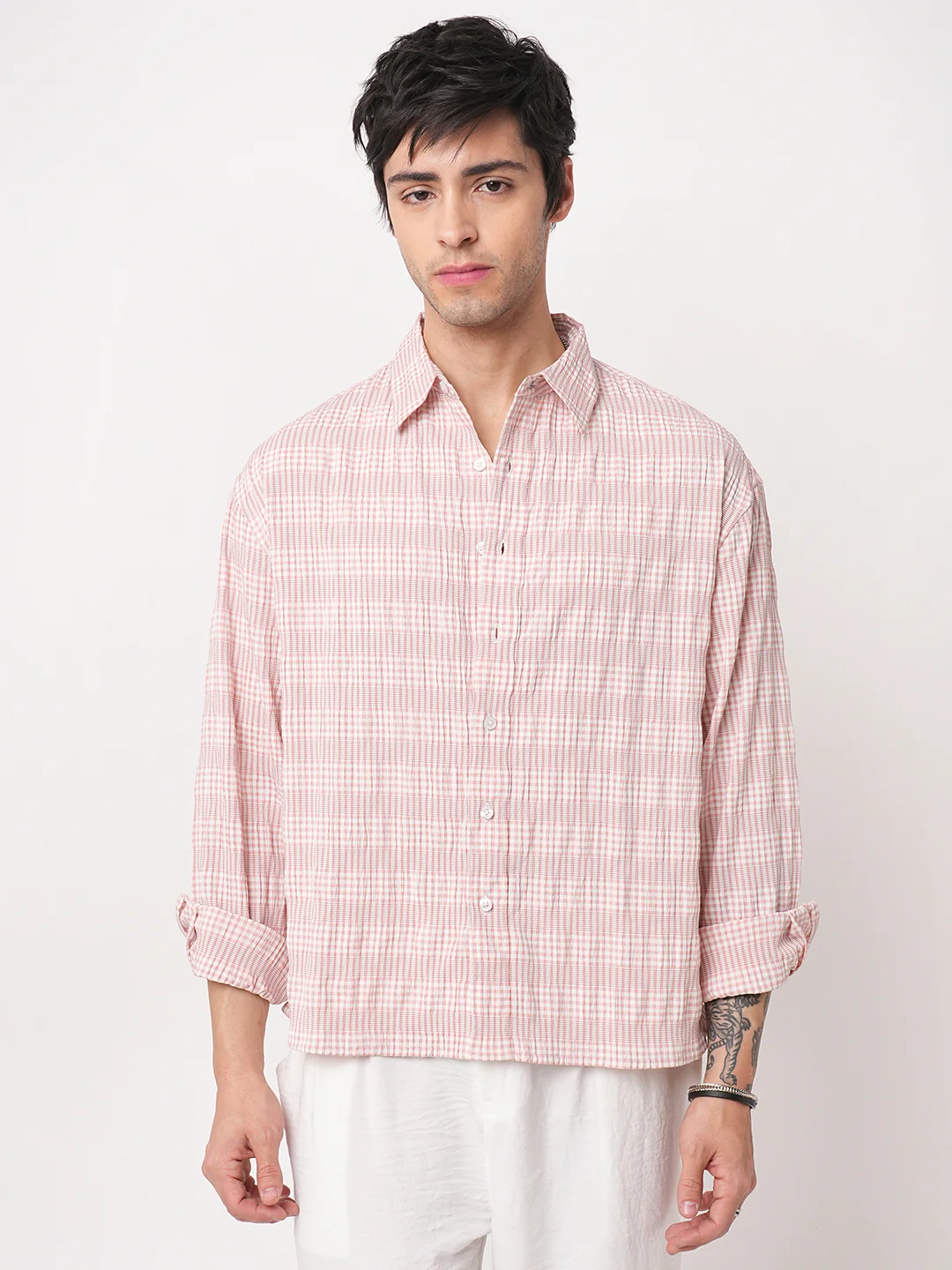Peachy Pink Seersucker Checks Boxy Fit Crop Shirt - Image 5