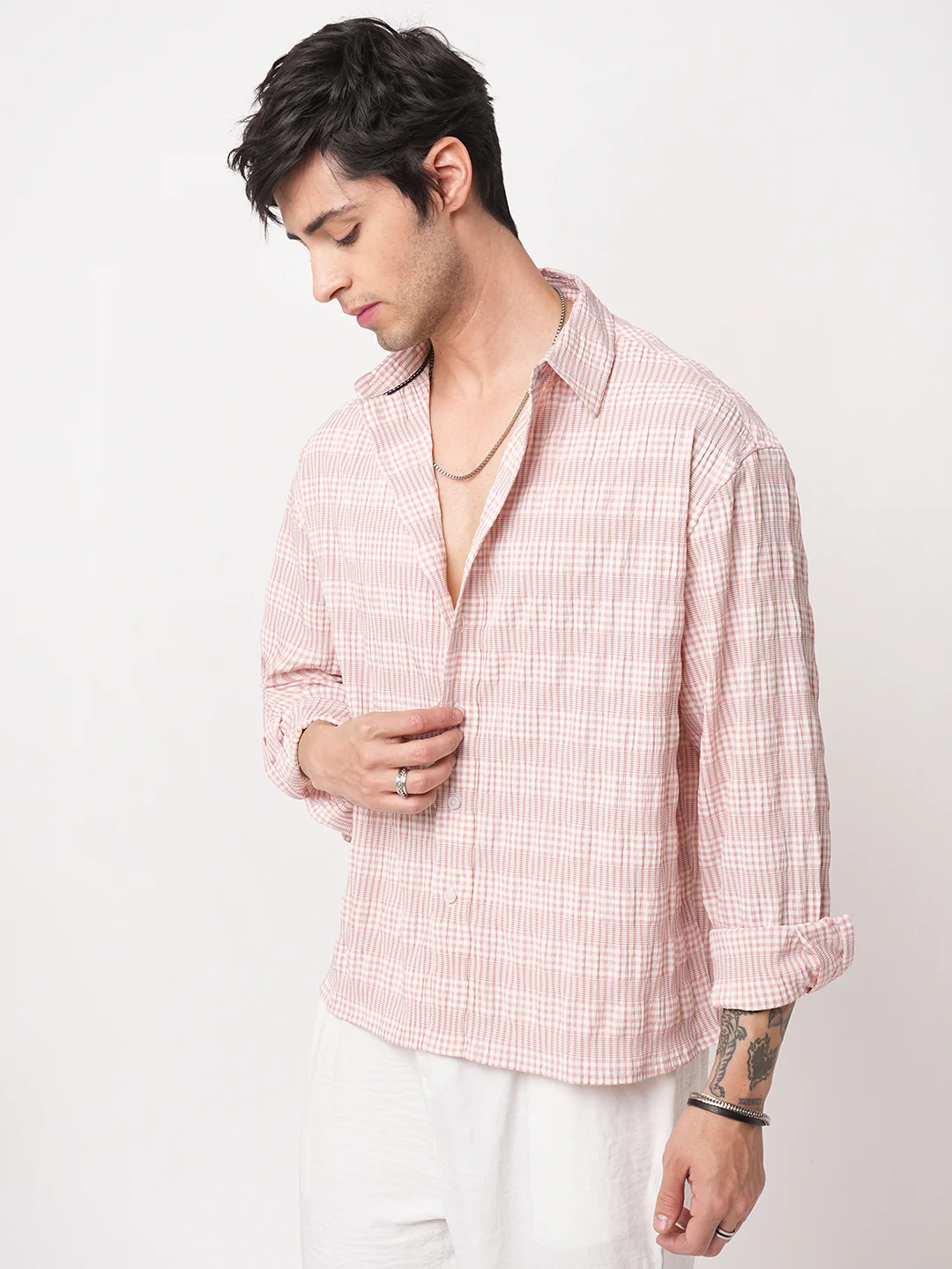 Peachy Pink Seersucker Checks Boxy Fit Crop Shirt - Image 6