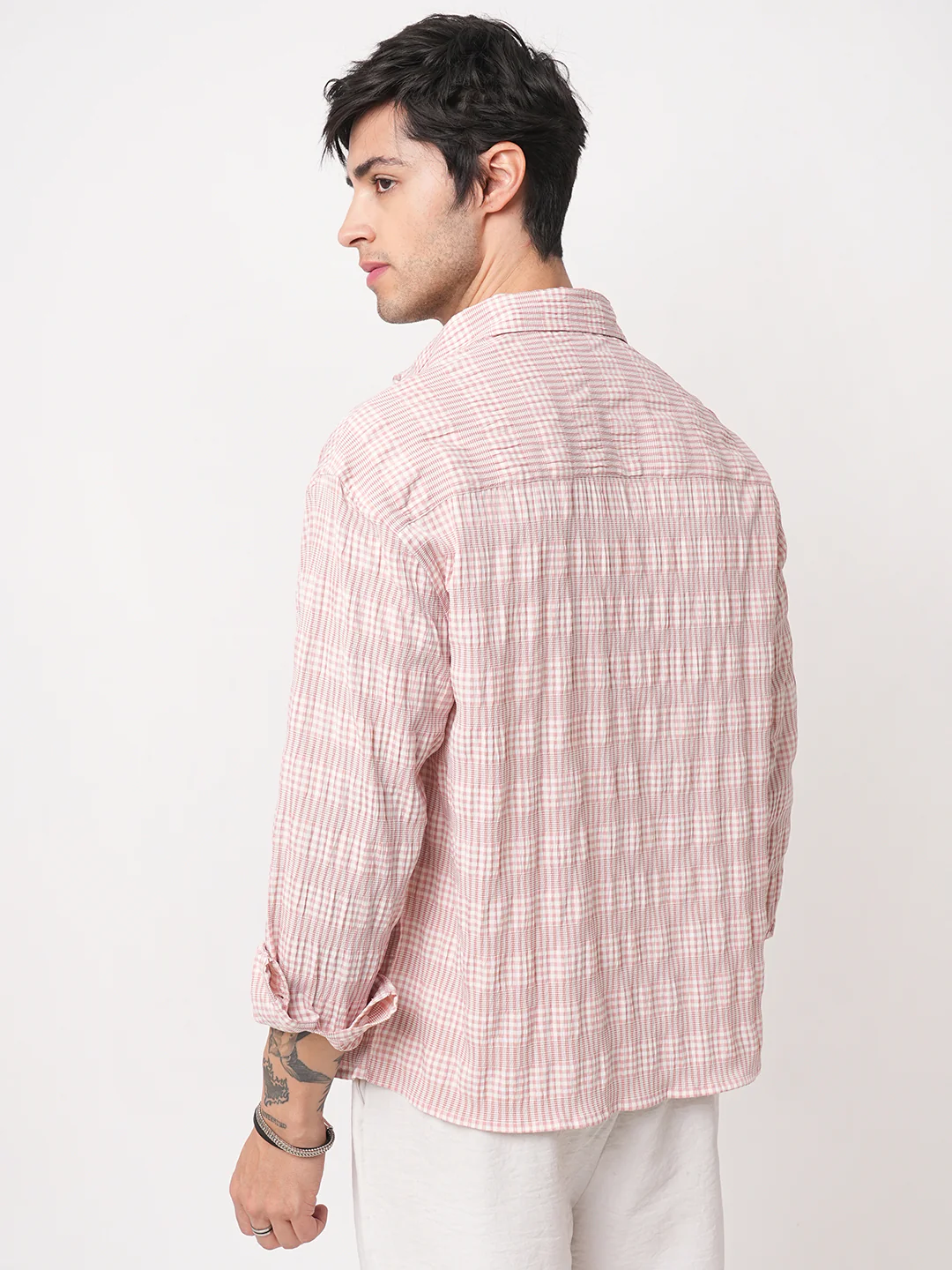 Peachy Pink Seersucker Checks Boxy Fit Crop Shirt - Image 7