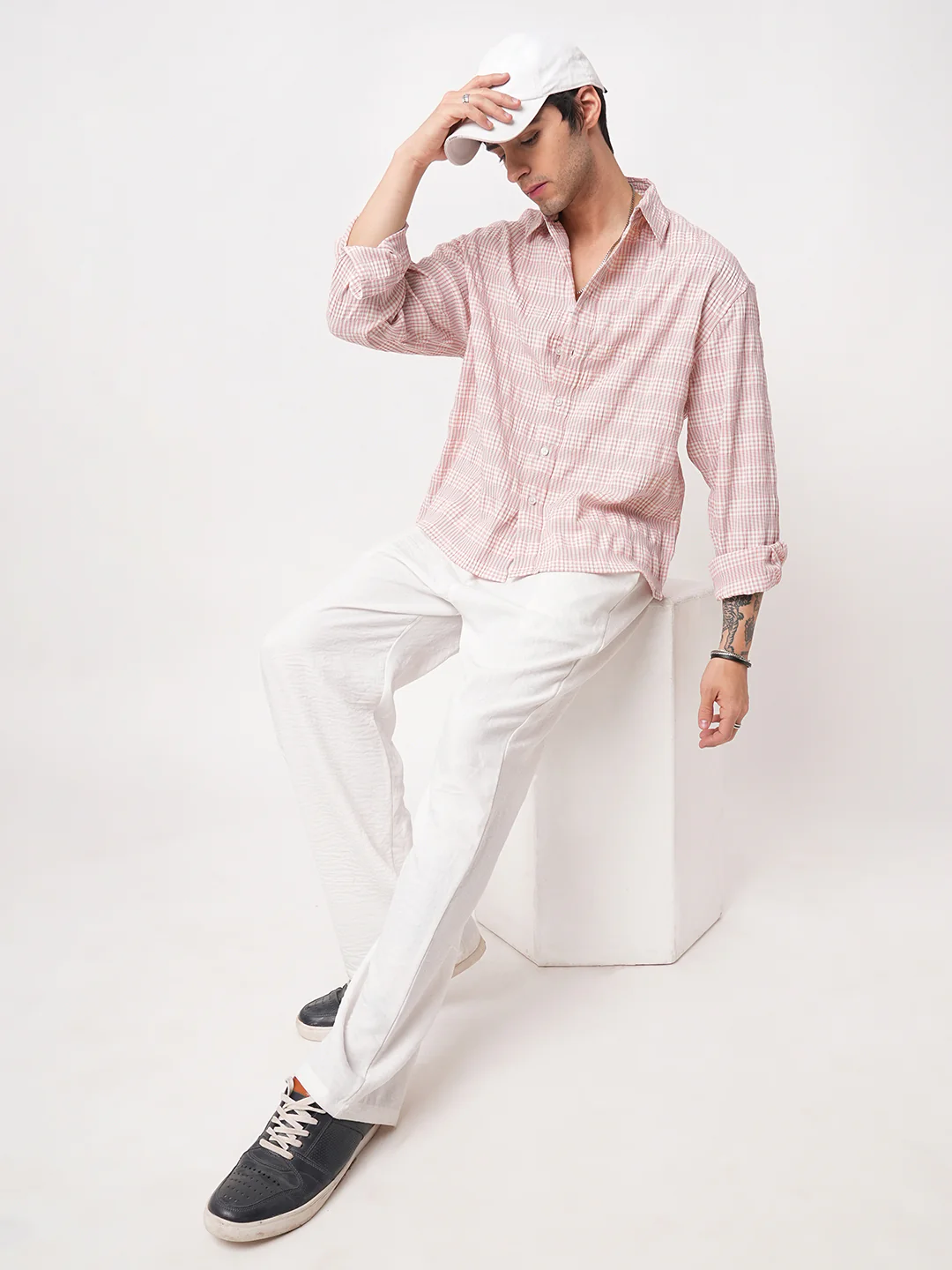 Peachy Pink Seersucker Checks Boxy Fit Crop Shirt - Image 8
