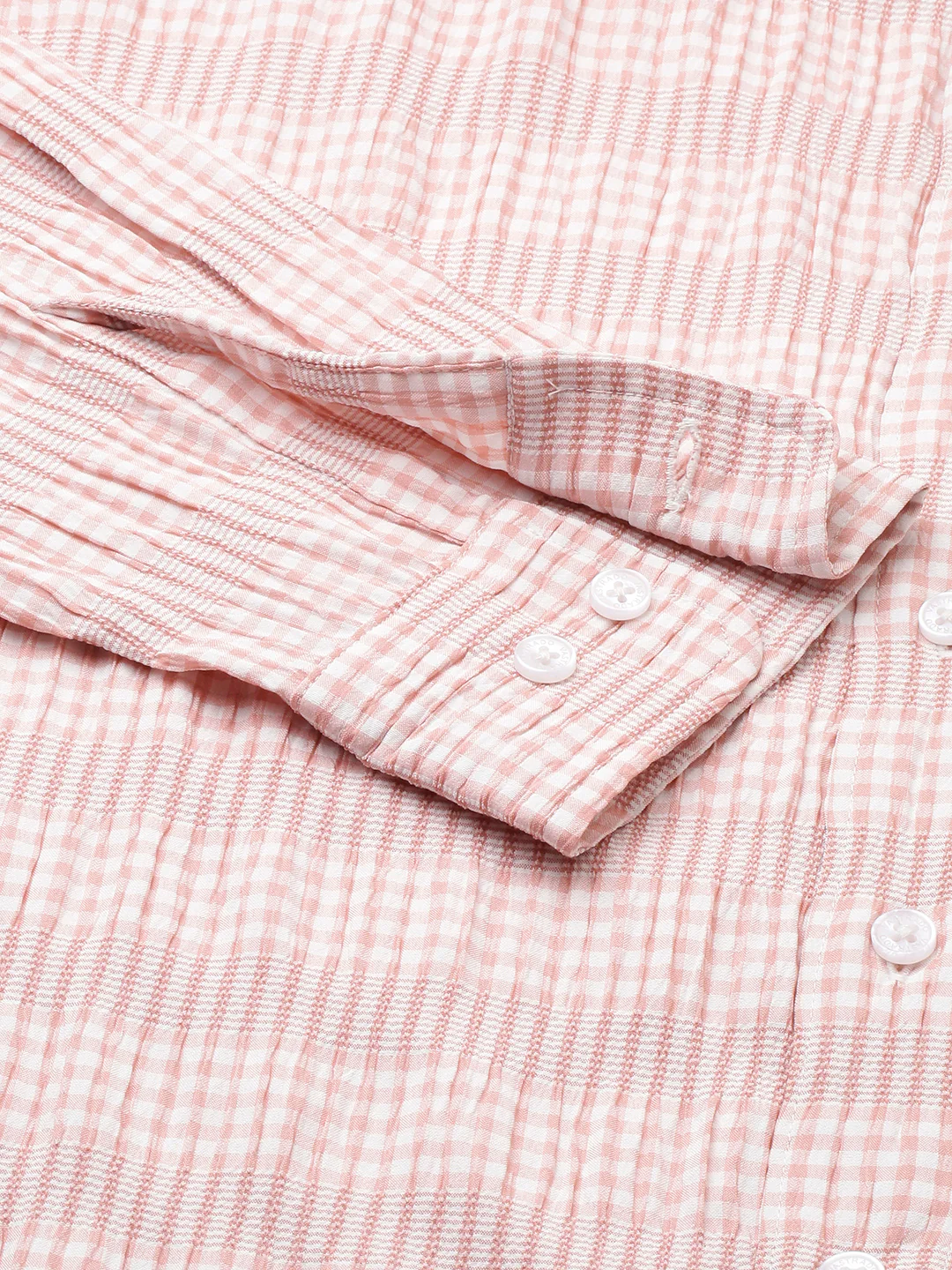 Peachy Pink Seersucker Checks Boxy Fit Crop Shirt - Image 9