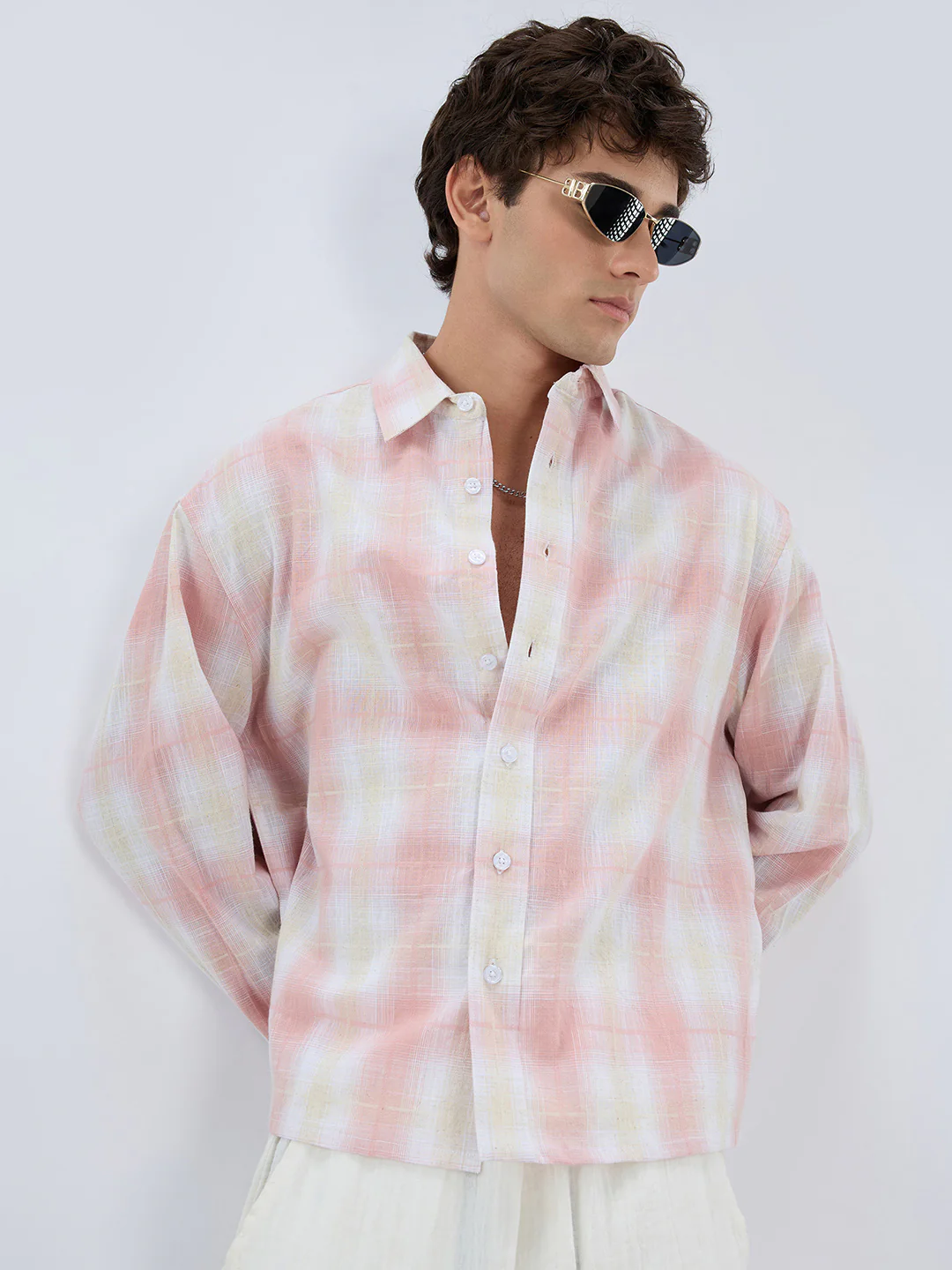 Peachy Pink Textured Checks Weave Linen Blend Boxy Fit Crop Shirt