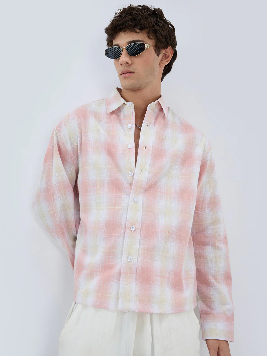 Peachy Pink Textured Checks Weave Linen Blend Boxy Fit Crop Shirt - Image 2