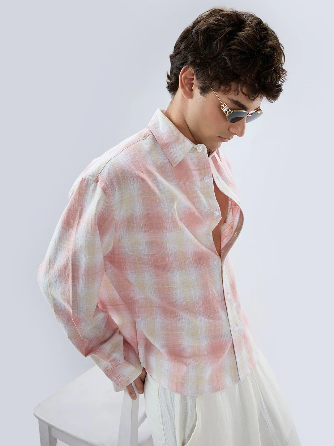 Peachy Pink Textured Checks Weave Linen Blend Boxy Fit Crop Shirt - Image 4