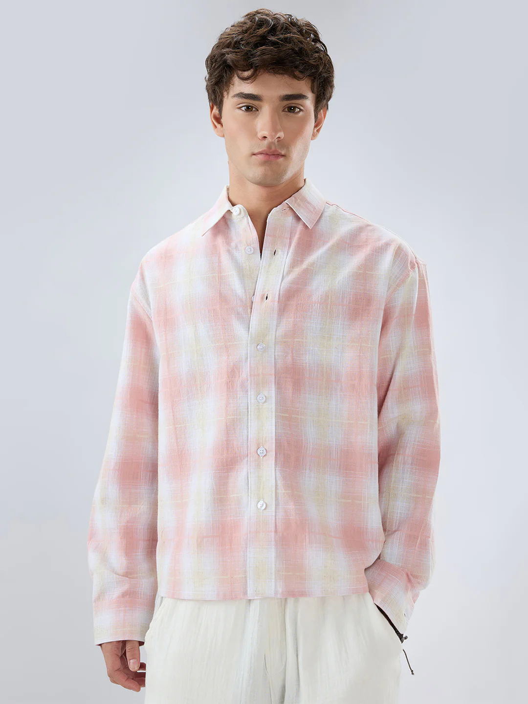 Peachy Pink Textured Checks Weave Linen Blend Boxy Fit Crop Shirt - Image 5