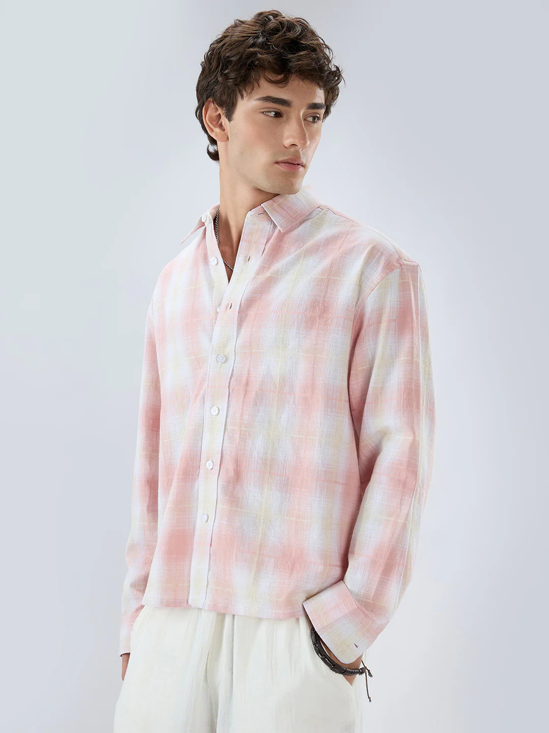 Peachy Pink Textured Checks Weave Linen Blend Boxy Fit Crop Shirt - Image 6