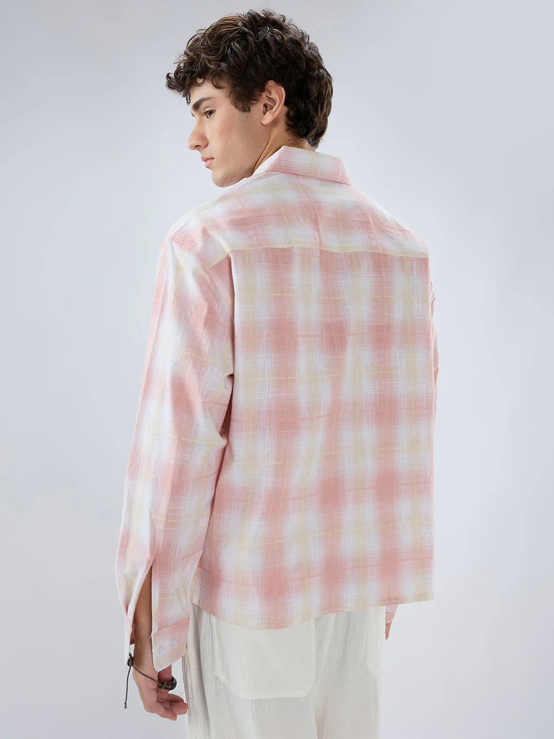 Peachy Pink Textured Checks Weave Linen Blend Boxy Fit Crop Shirt - Image 7