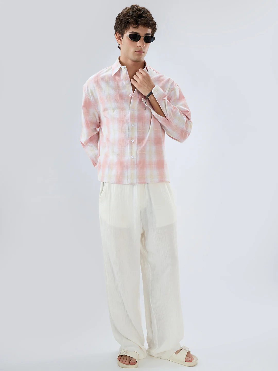 Peachy Pink Textured Checks Weave Linen Blend Boxy Fit Crop Shirt - Image 8