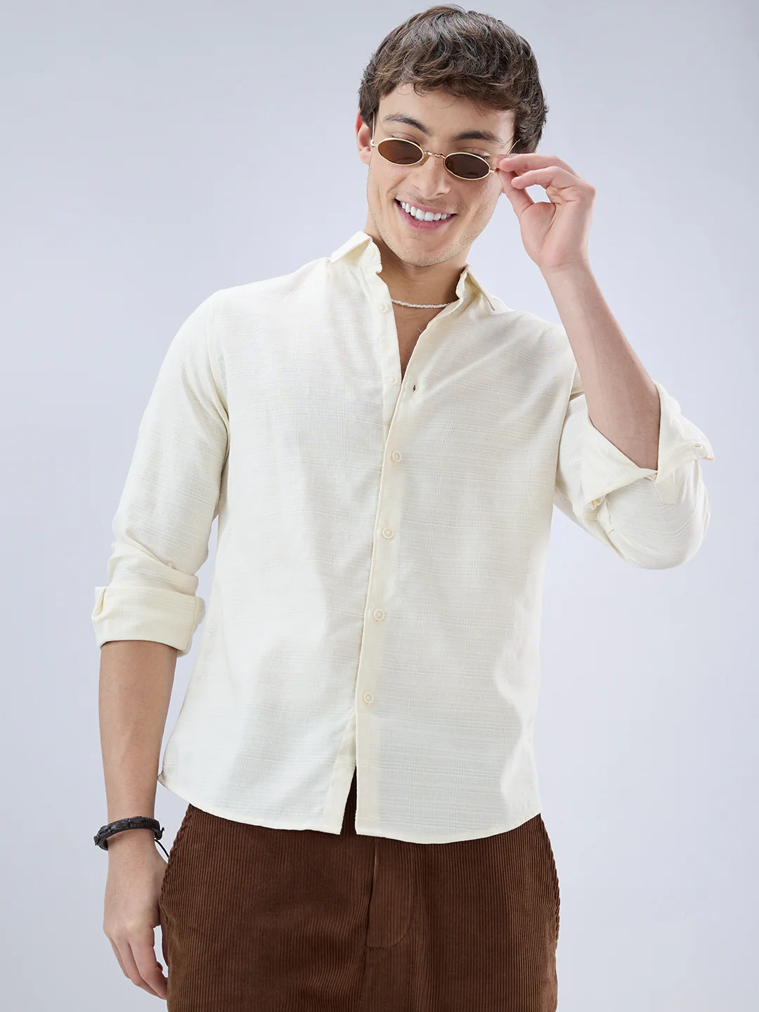 Pearl Cream Micro Grid Weave Textured Shirt - Image 2