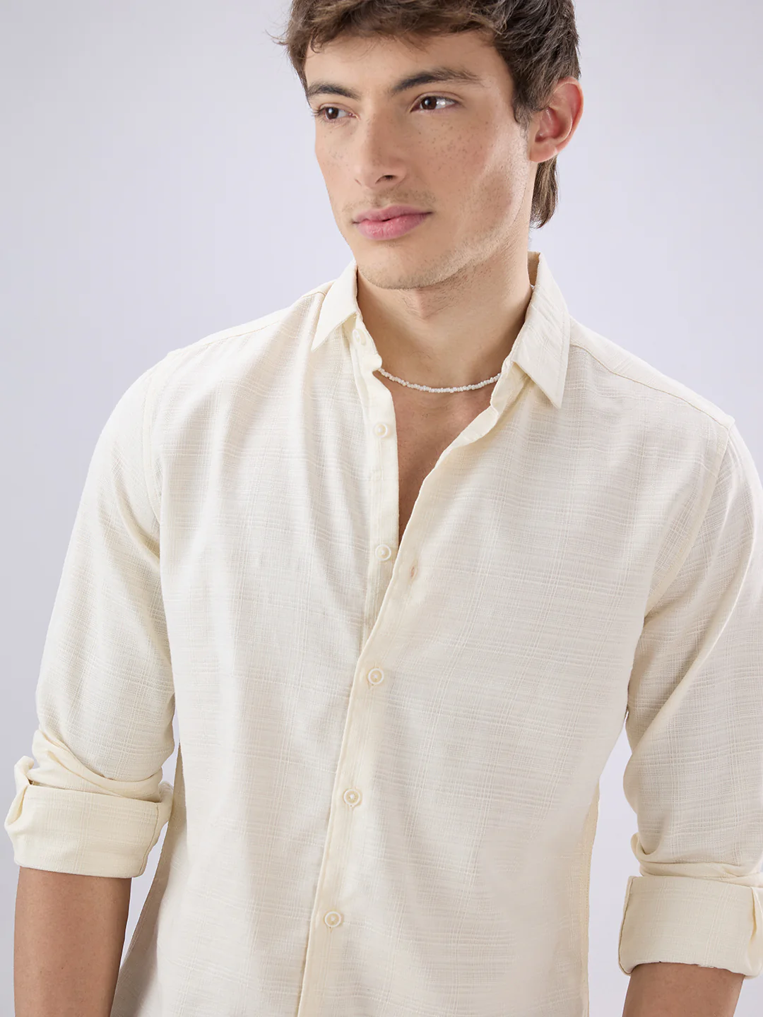 Pearl Cream Micro Grid Weave Textured Shirt - Image 3
