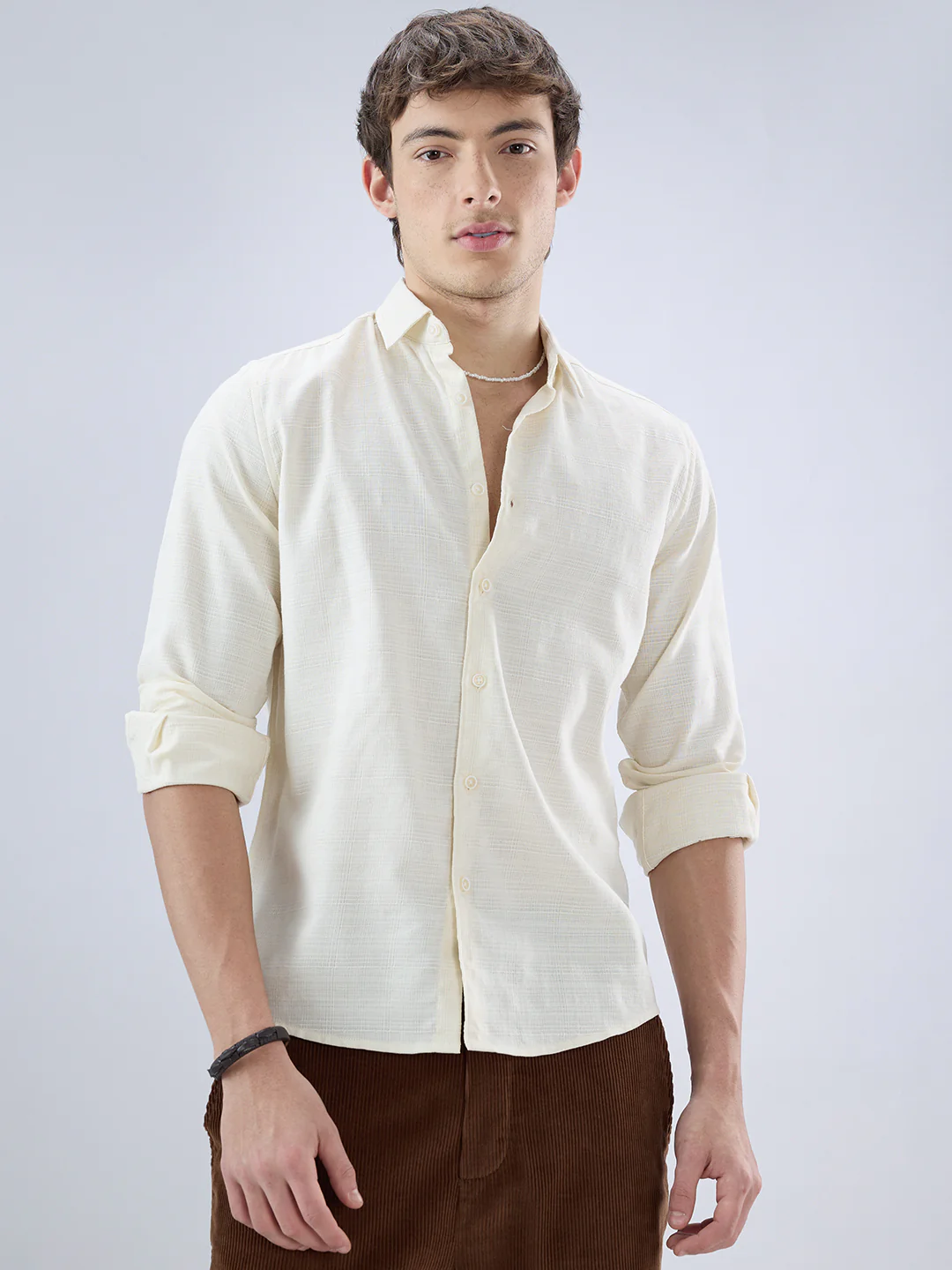 Pearl Cream Micro Grid Weave Textured Shirt - Image 4
