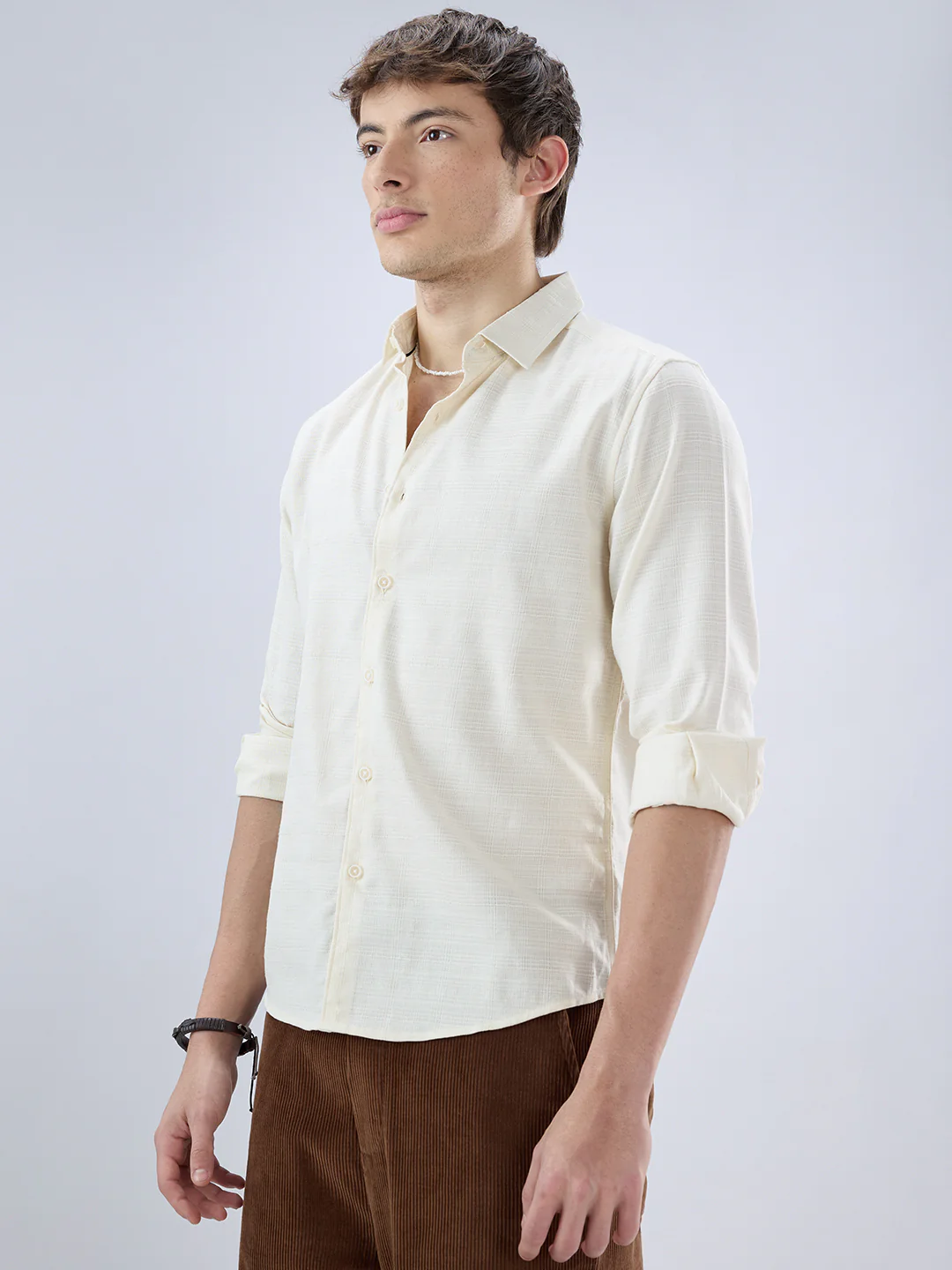 Pearl Cream Micro Grid Weave Textured Shirt - Image 5