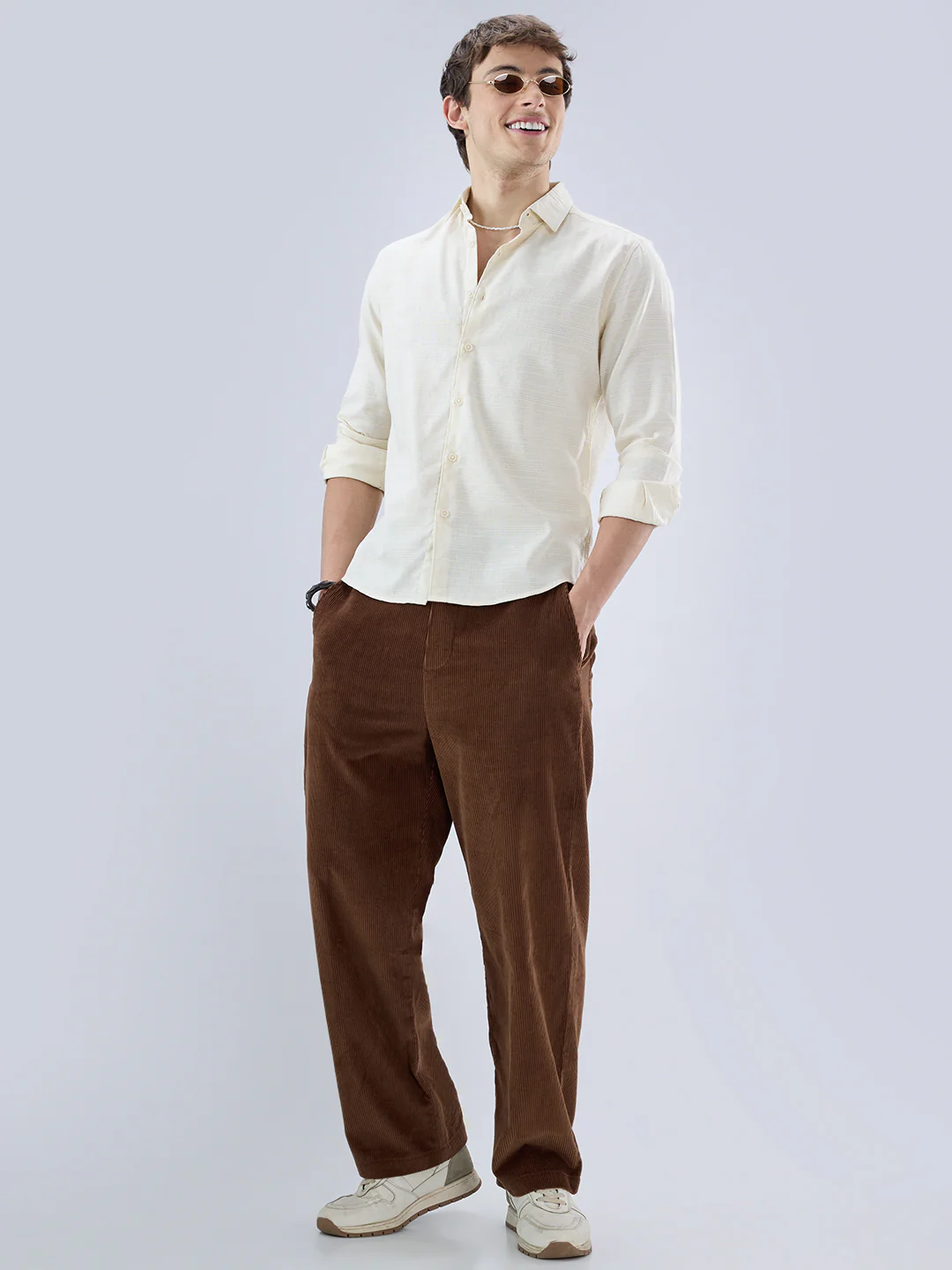 Pearl Cream Micro Grid Weave Textured Shirt - Image 7
