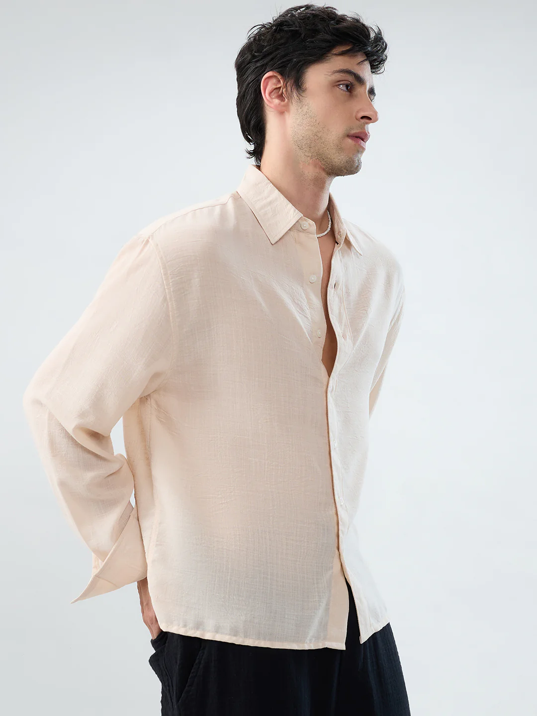 Pearl Cream Soft Sheer Slub Textured Shirt - Image 6