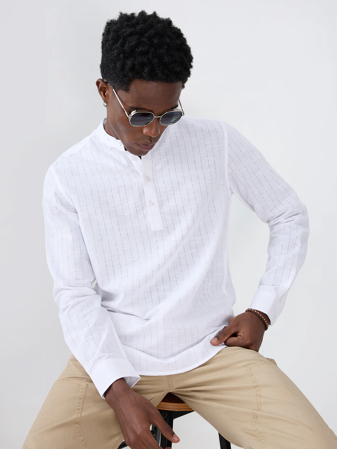 Pearl White Ladder Striped Subtle Textured Kurta - Image 2