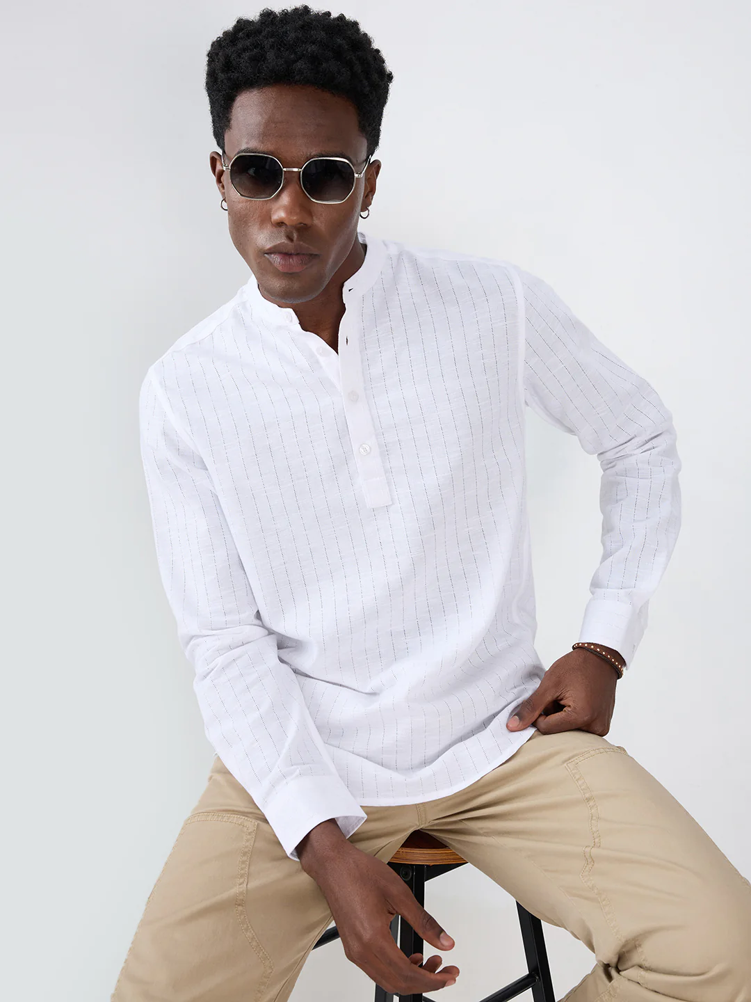 Pearl White Ladder Striped Subtle Textured Kurta - Image 4